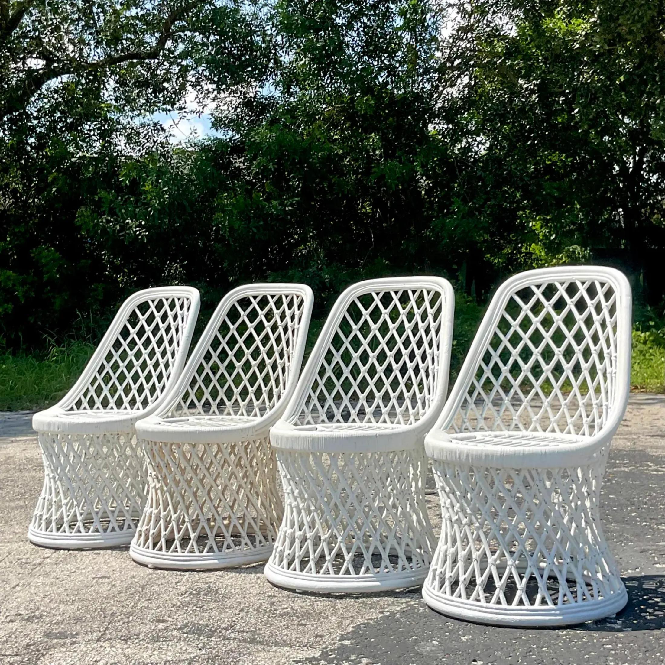 Vintage Coastal Painted Rattan Dining Chairs - Set of Four 2