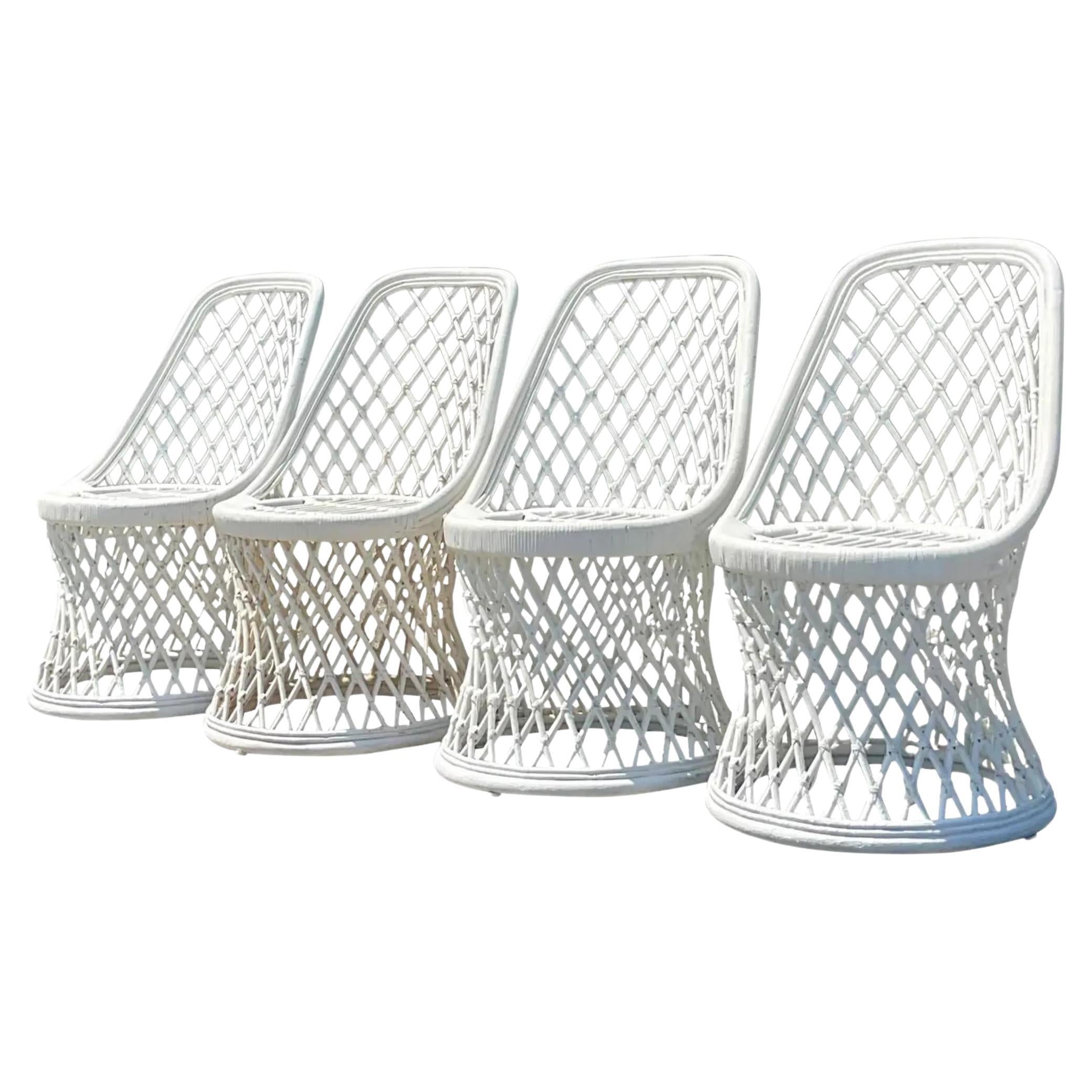 Vintage Coastal Painted Rattan Dining Chairs - Set of Four