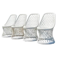 Vintage Coastal Painted Rattan Dining Chairs - Set of Four