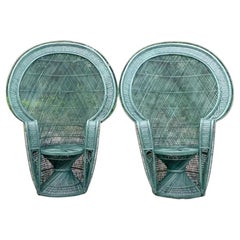 Vintage Coastal Painted Rattan Peacock Chairs - a Pair