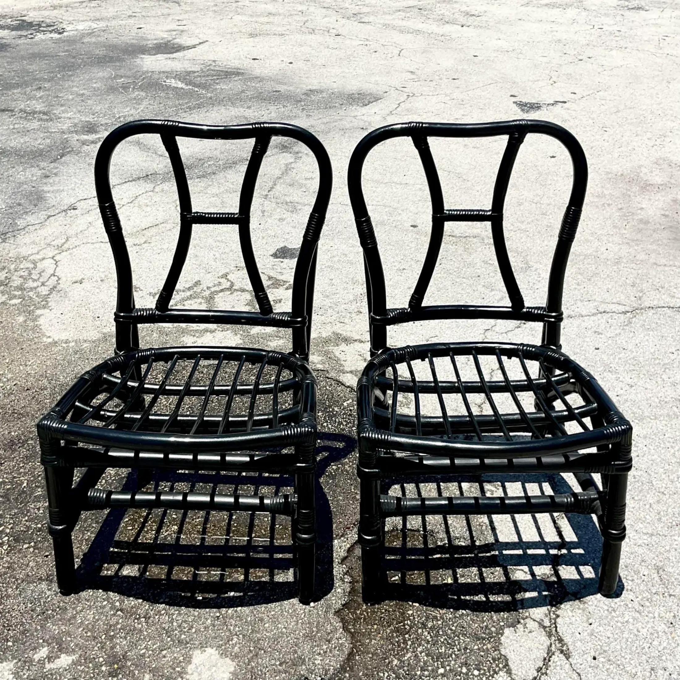 Vintage Coastal Painted Rattan Slipper Chairs - a Pair For Sale 1