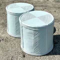 Vintage Coastal Pale Blue Lacquered Pencil Reed Side Tables - a Pair