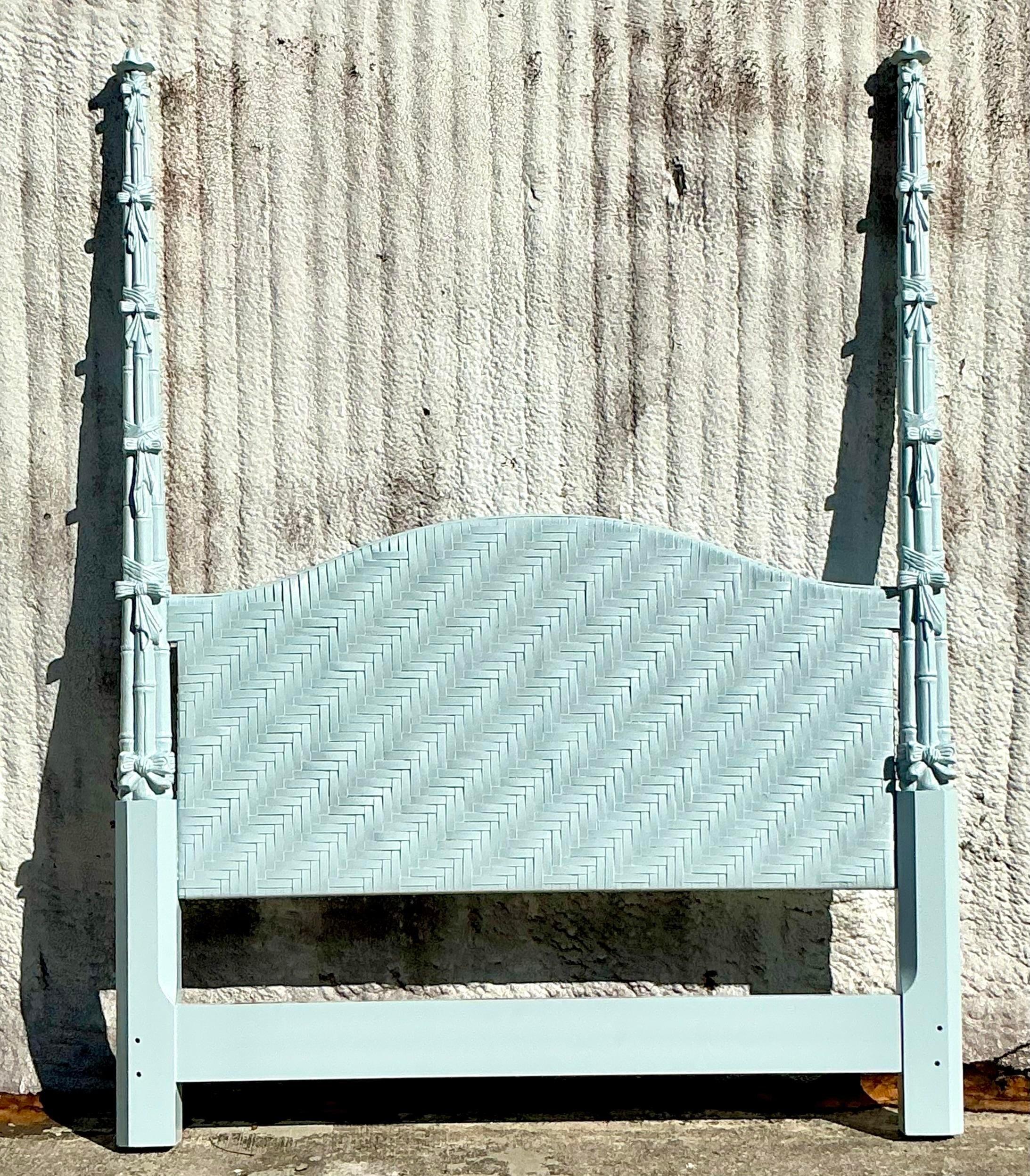 Vintage Coastal Pale Blue Lacquered Woven Rattan Queen Headboard In Good Condition For Sale In west palm beach, FL