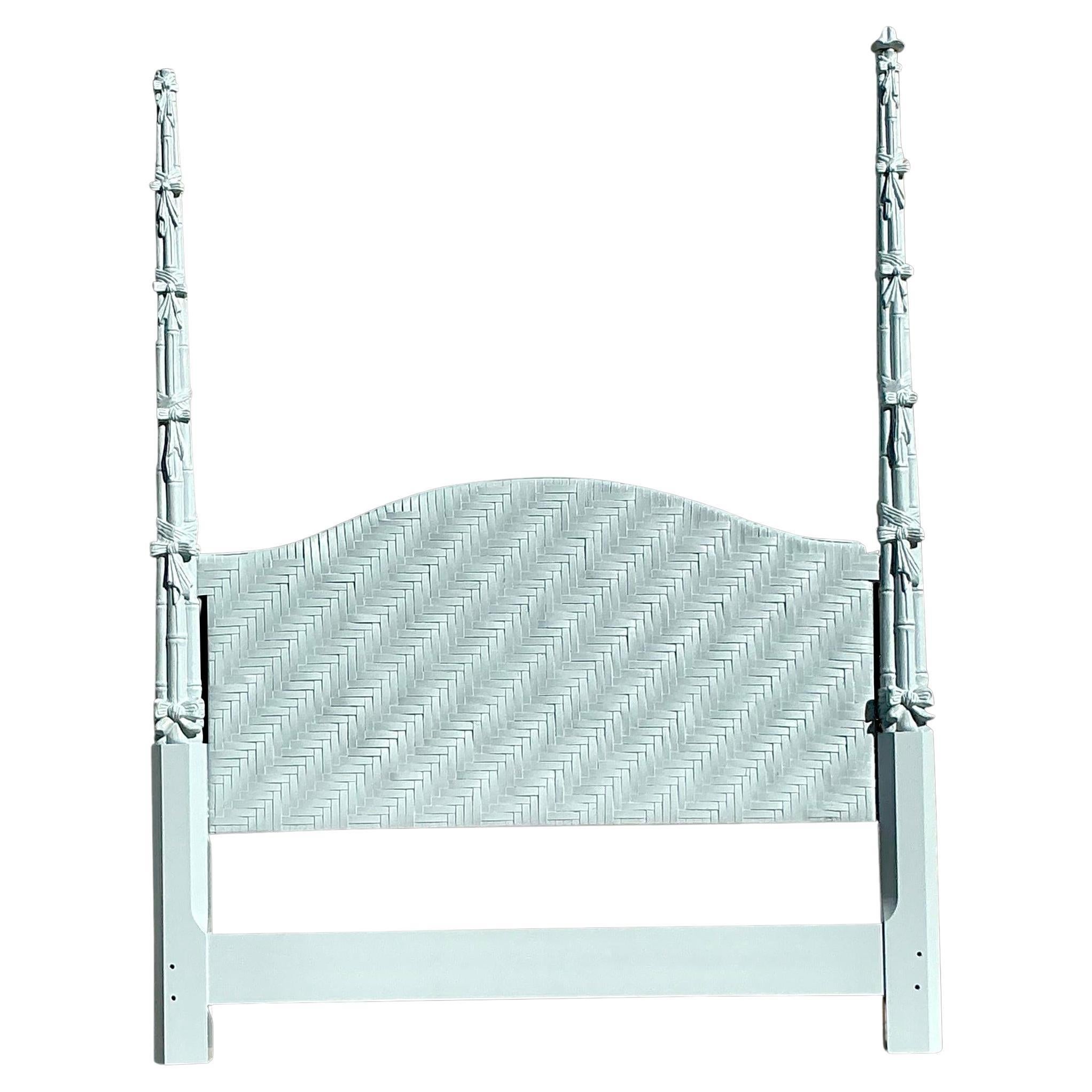 Vintage Coastal Pale Blue Lacquered Woven Rattan Queen Headboard
