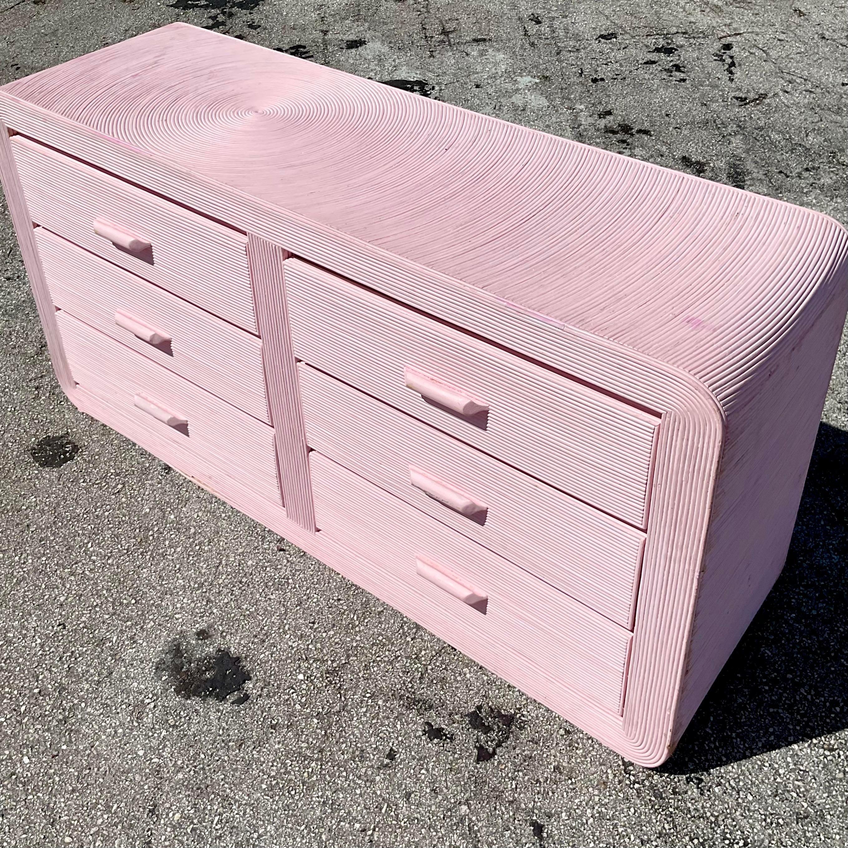 Vintage Coastal Pale Pink Pencil Reed Waterfall Dresser In Good Condition In West Palm Beach, FL