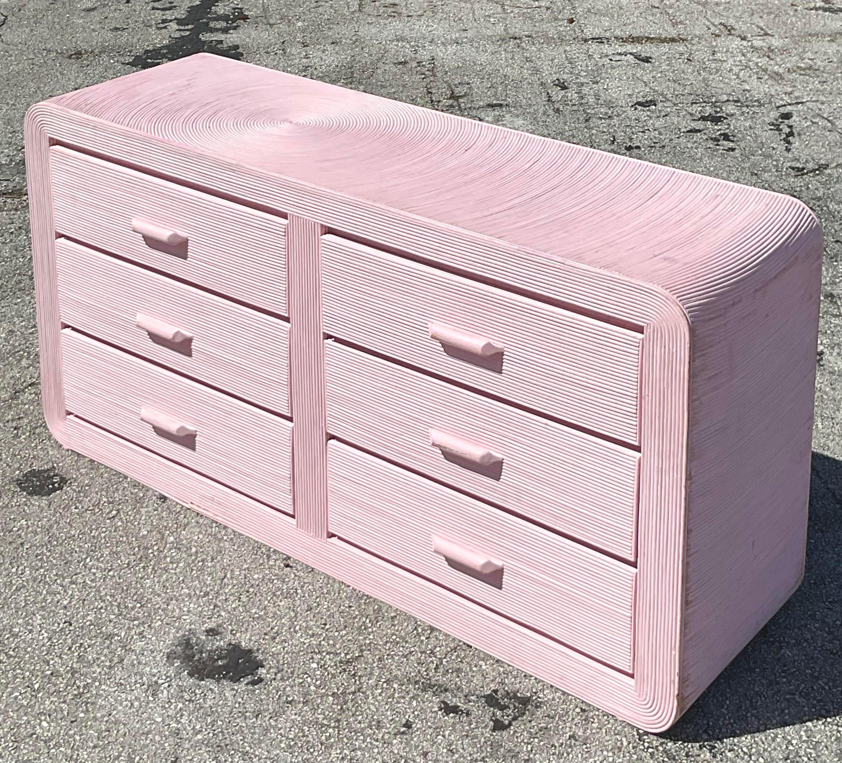 Vintage Coastal Pale Pink Pencil Reed Waterfall Dresser 2