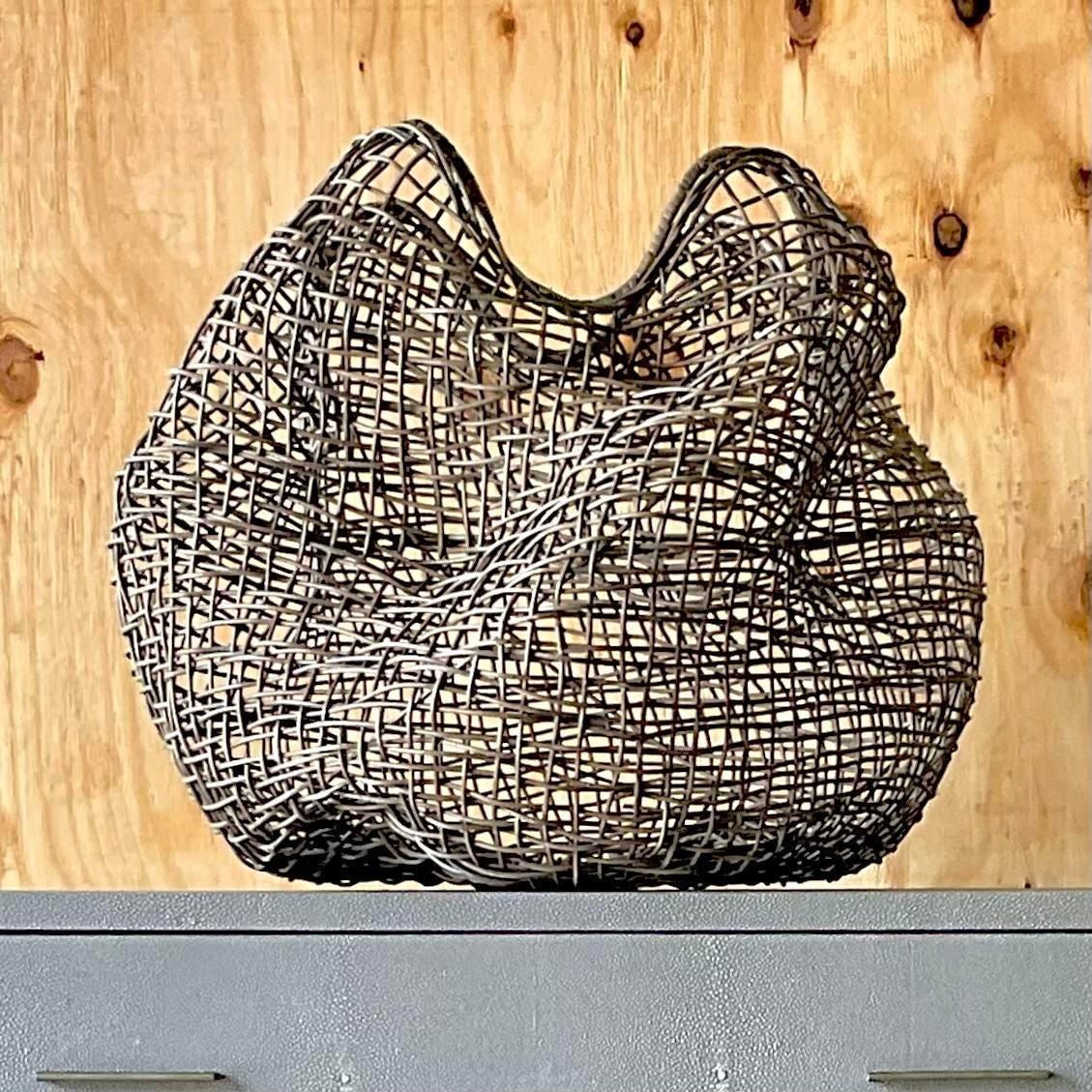 North American Vintage Coastal Palecek “Andora” Woven Rattan Biomorphic Basket For Sale