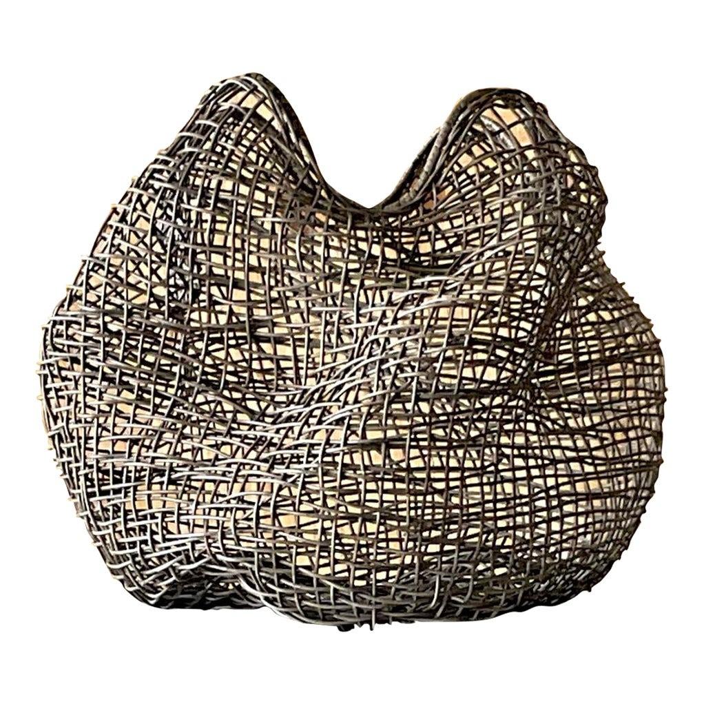 Vintage Coastal Palecek “Andora” Woven Rattan Biomorphic Basket