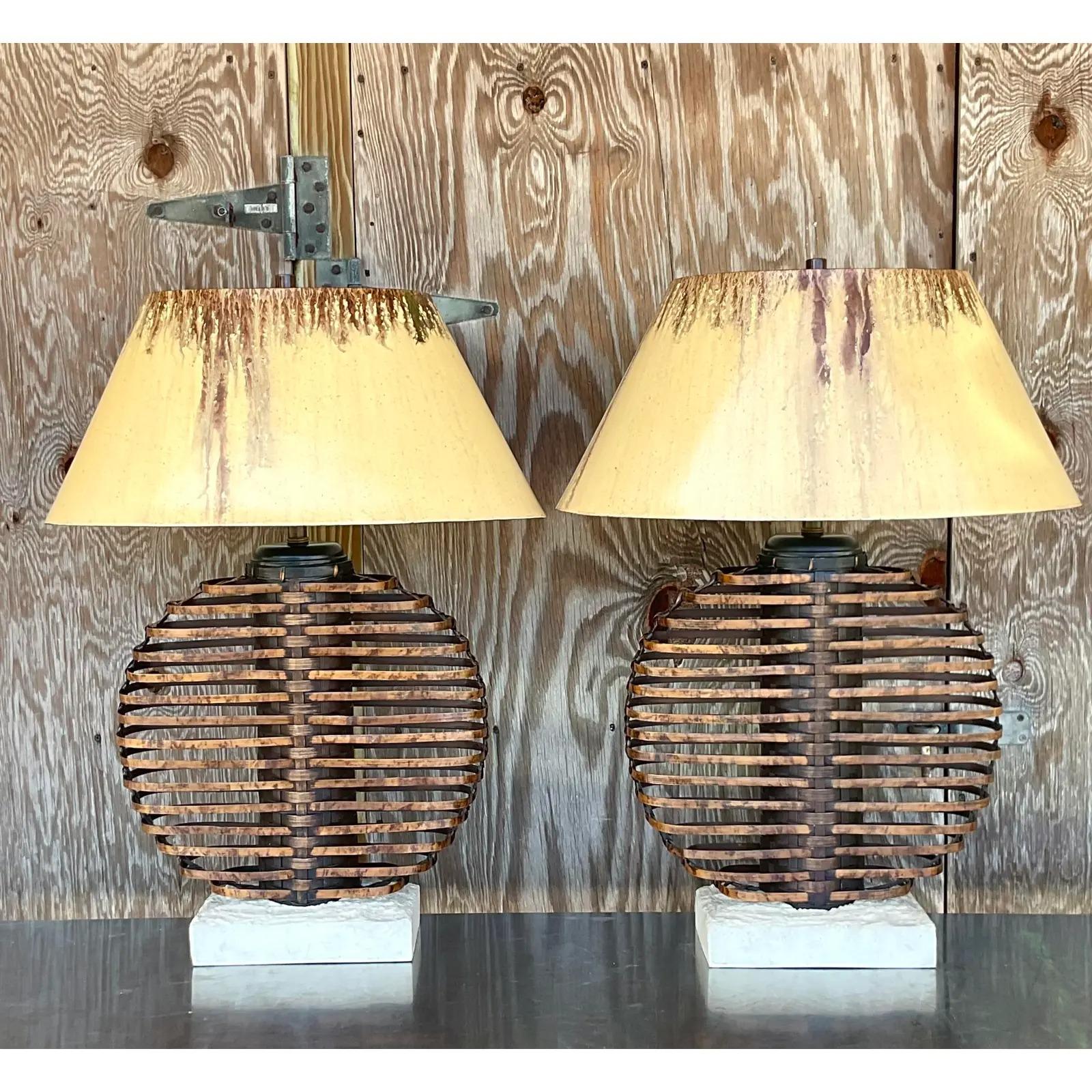 Philippine Vintage Coastal Palecek Bamboo Table Lamps, a Pair