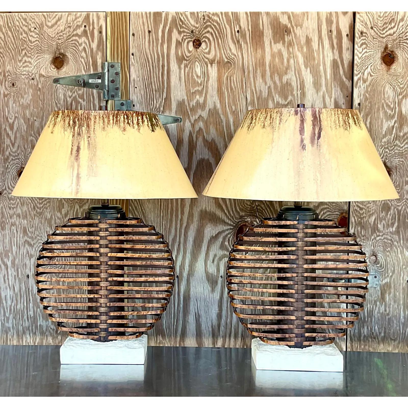20th Century Vintage Coastal Palecek Bamboo Table Lamps, a Pair