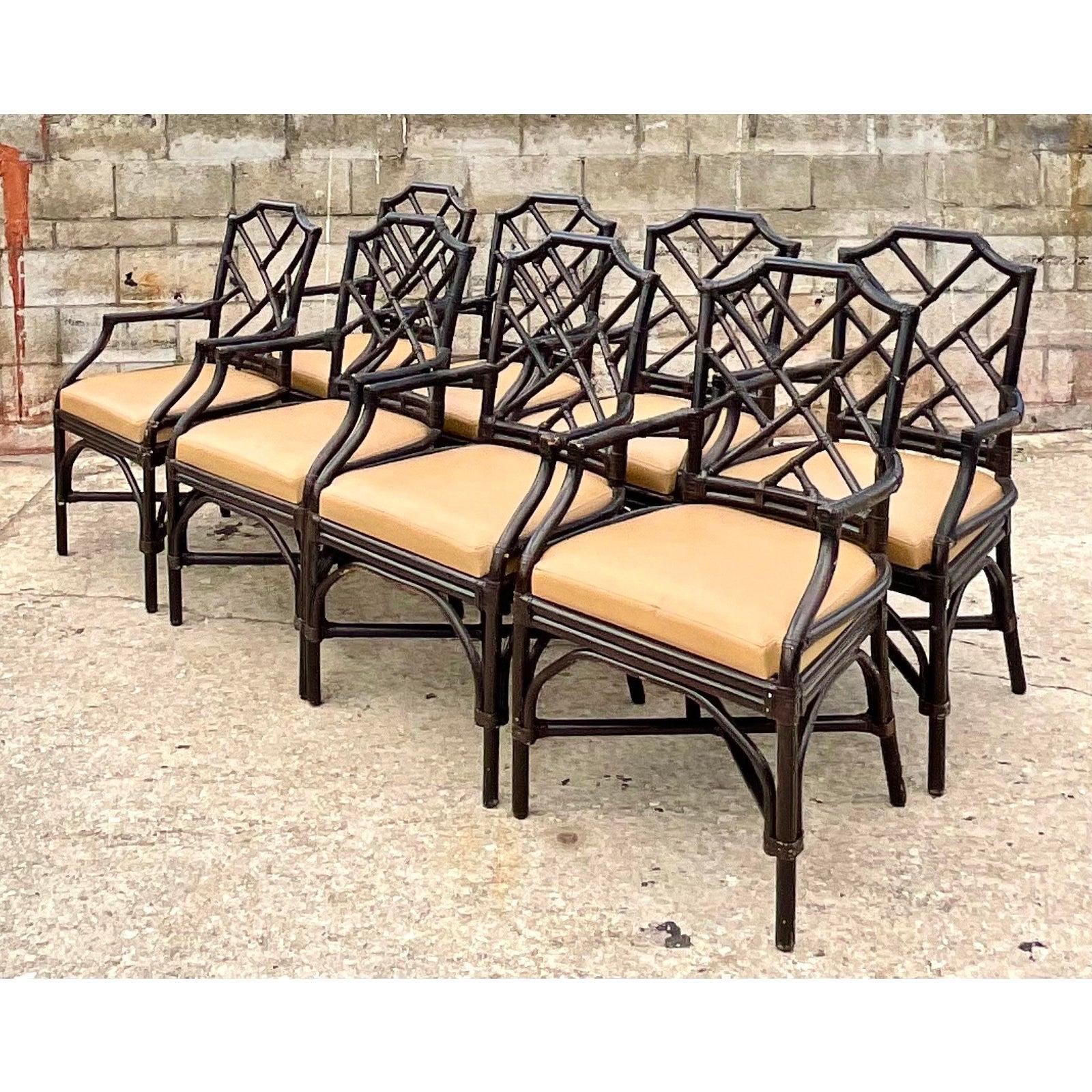 Philippine Vintage Coastal Palecek Chinese Chippendale Dining Arm Chairs, Set of 8
