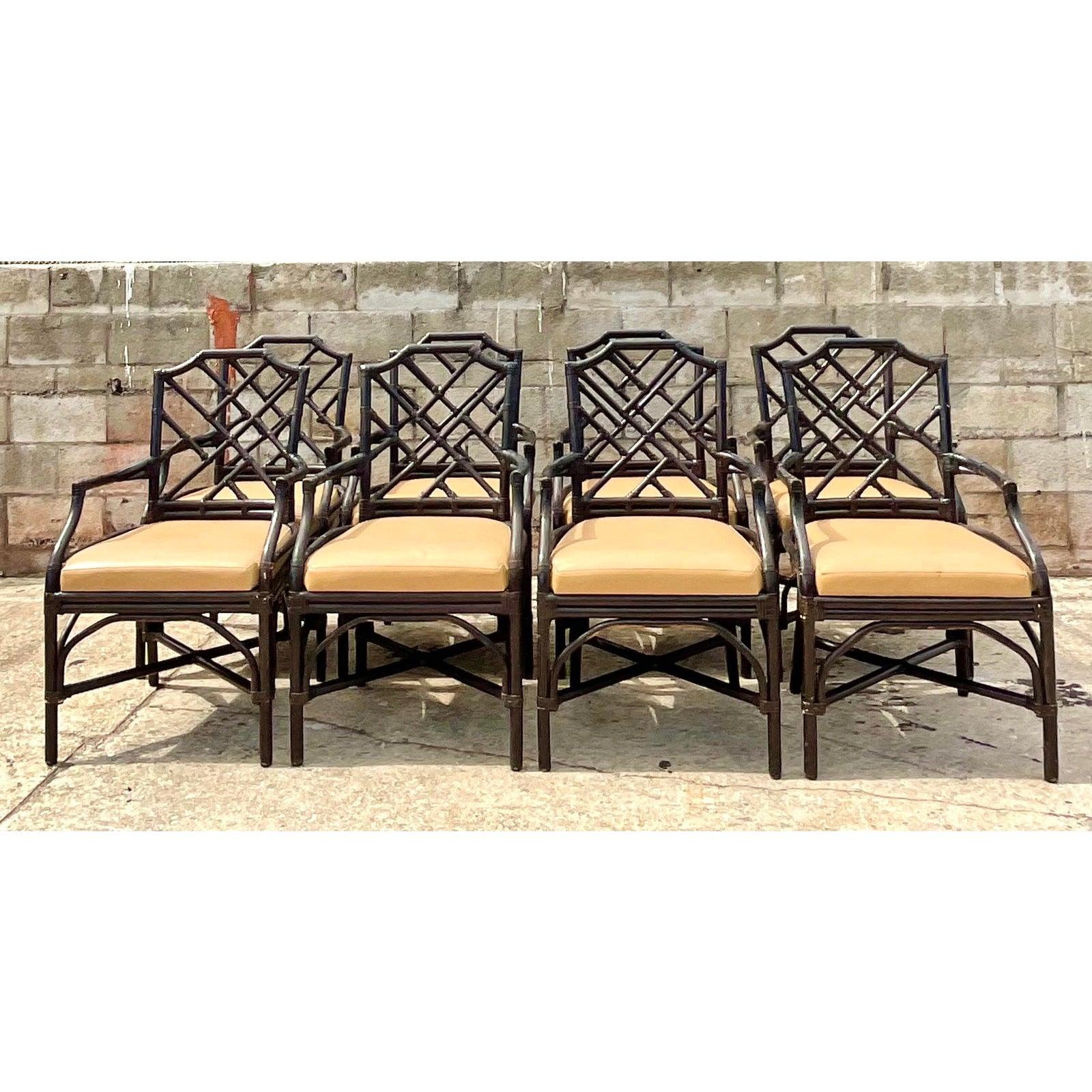 Vintage Coastal Palecek Chinese Chippendale Dining Arm Chairs, Set of 8 In Good Condition In west palm beach, FL