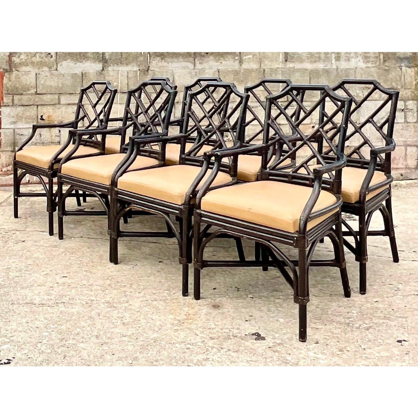20th Century Vintage Coastal Palecek Chinese Chippendale Dining Arm Chairs, Set of 8
