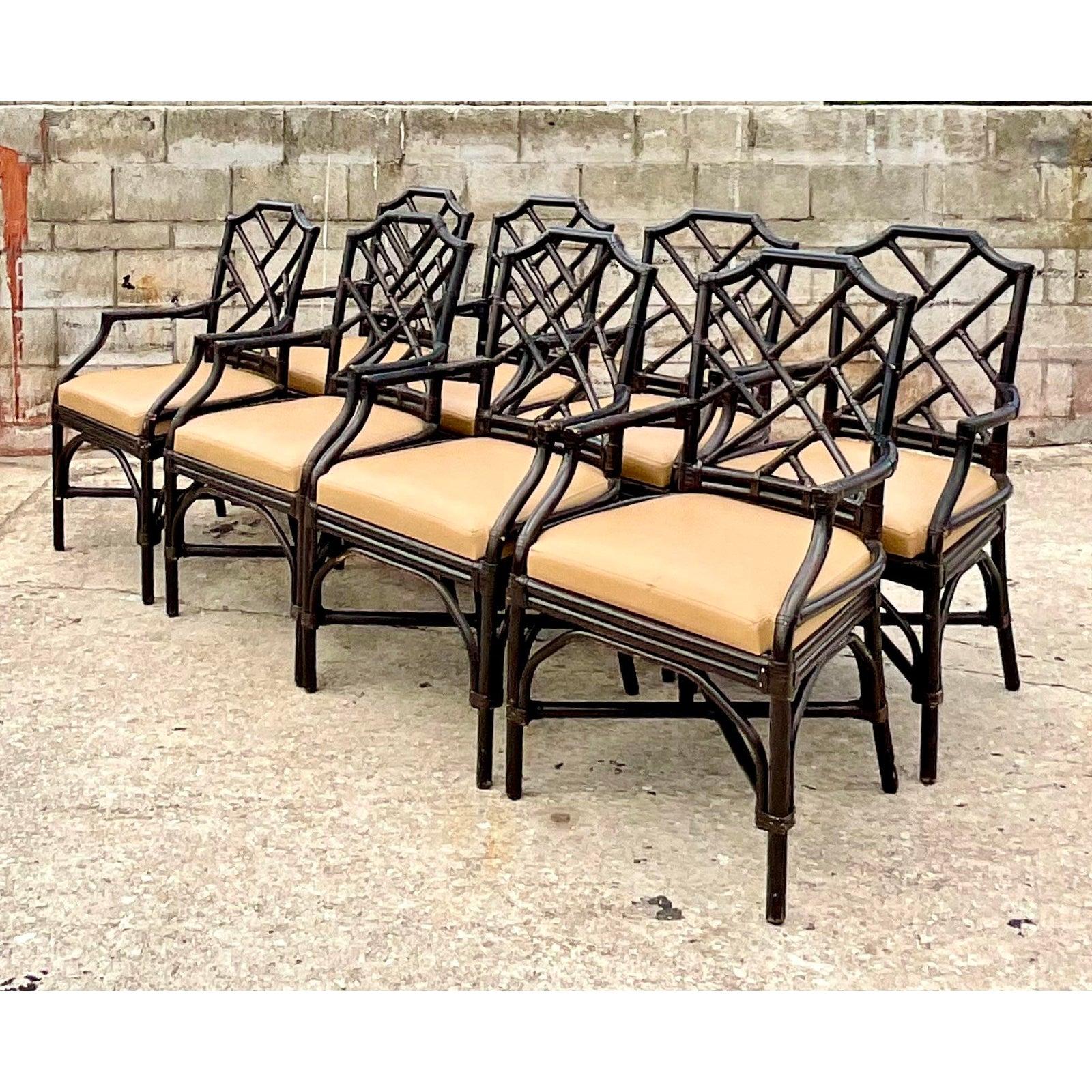 Leather Vintage Coastal Palecek Chinese Chippendale Dining Arm Chairs, Set of 8