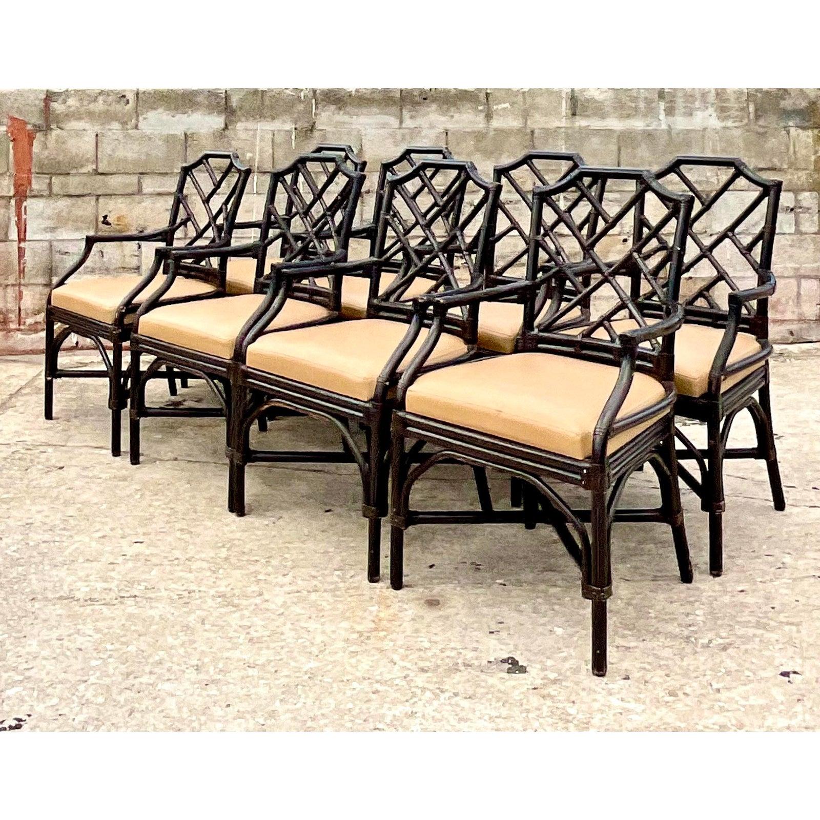 Vintage Coastal Palecek Chinese Chippendale Dining Arm Chairs, Set of 8 1