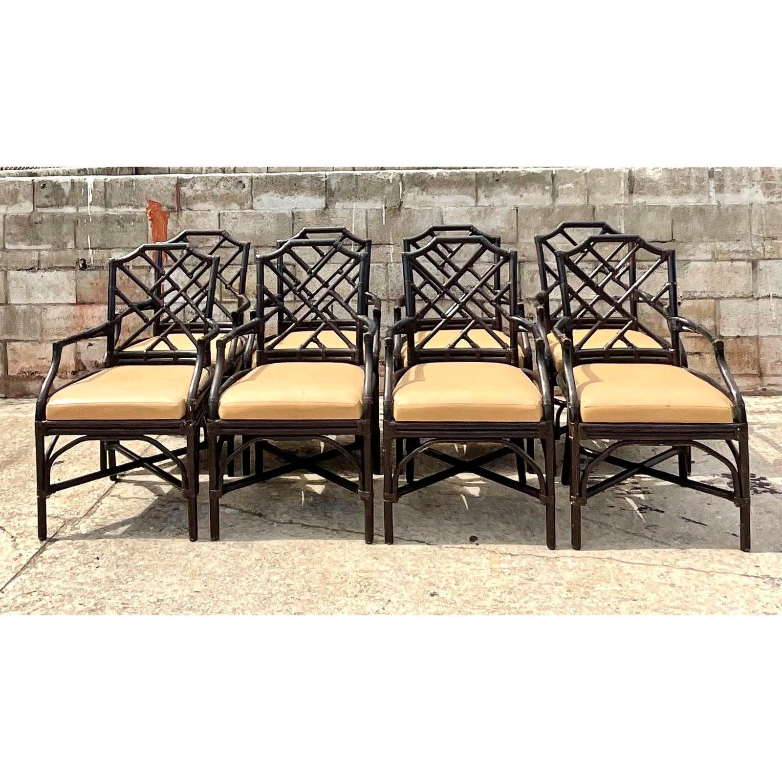 Vintage Coastal Palecek Chinese Chippendale Dining Arm Chairs, Set of 8 2