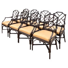 Retro Coastal Palecek Chinese Chippendale Dining Arm Chairs, Set of 8