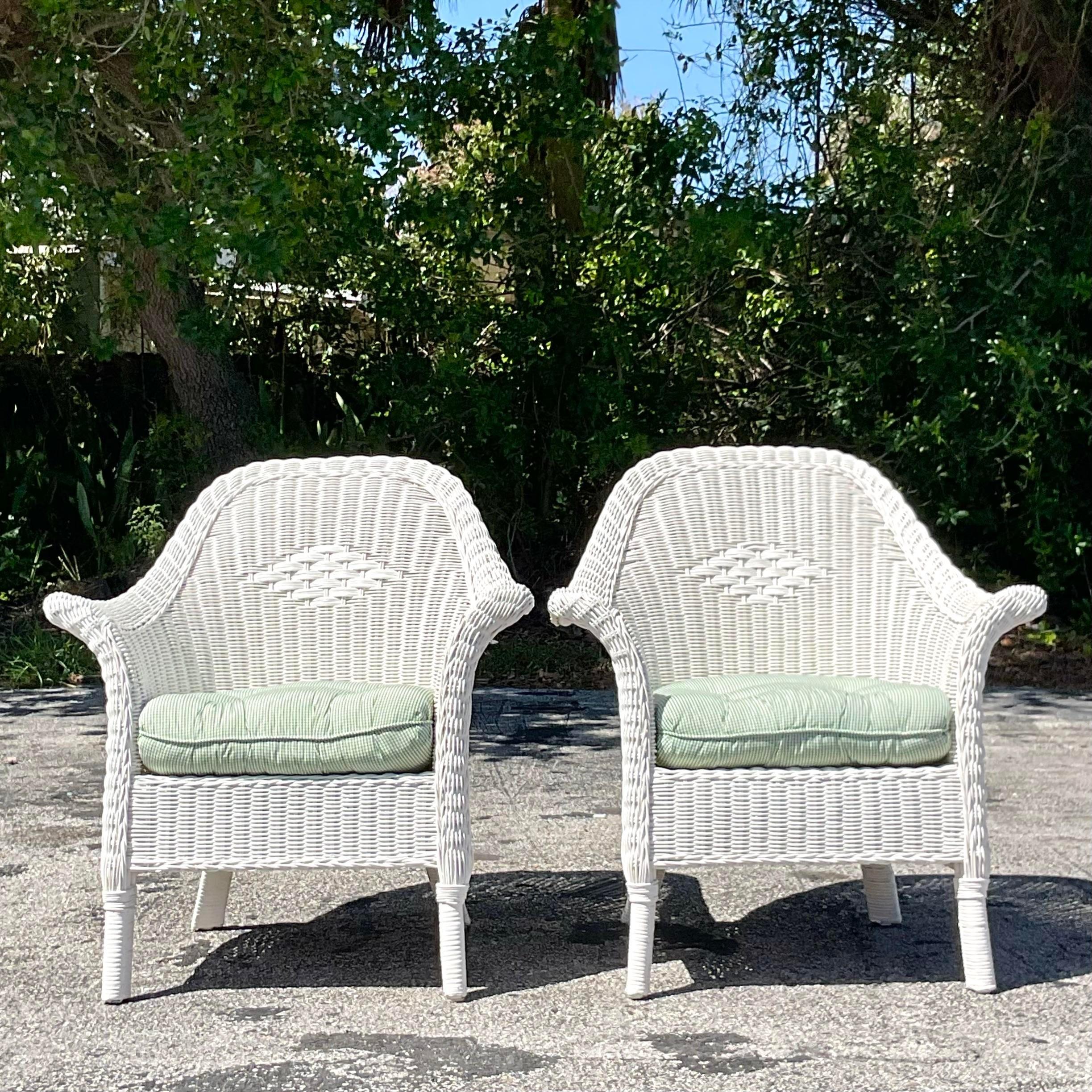 Philippine Vintage Coastal Palecek Diamond Weave Lounge Chairs - a Pair