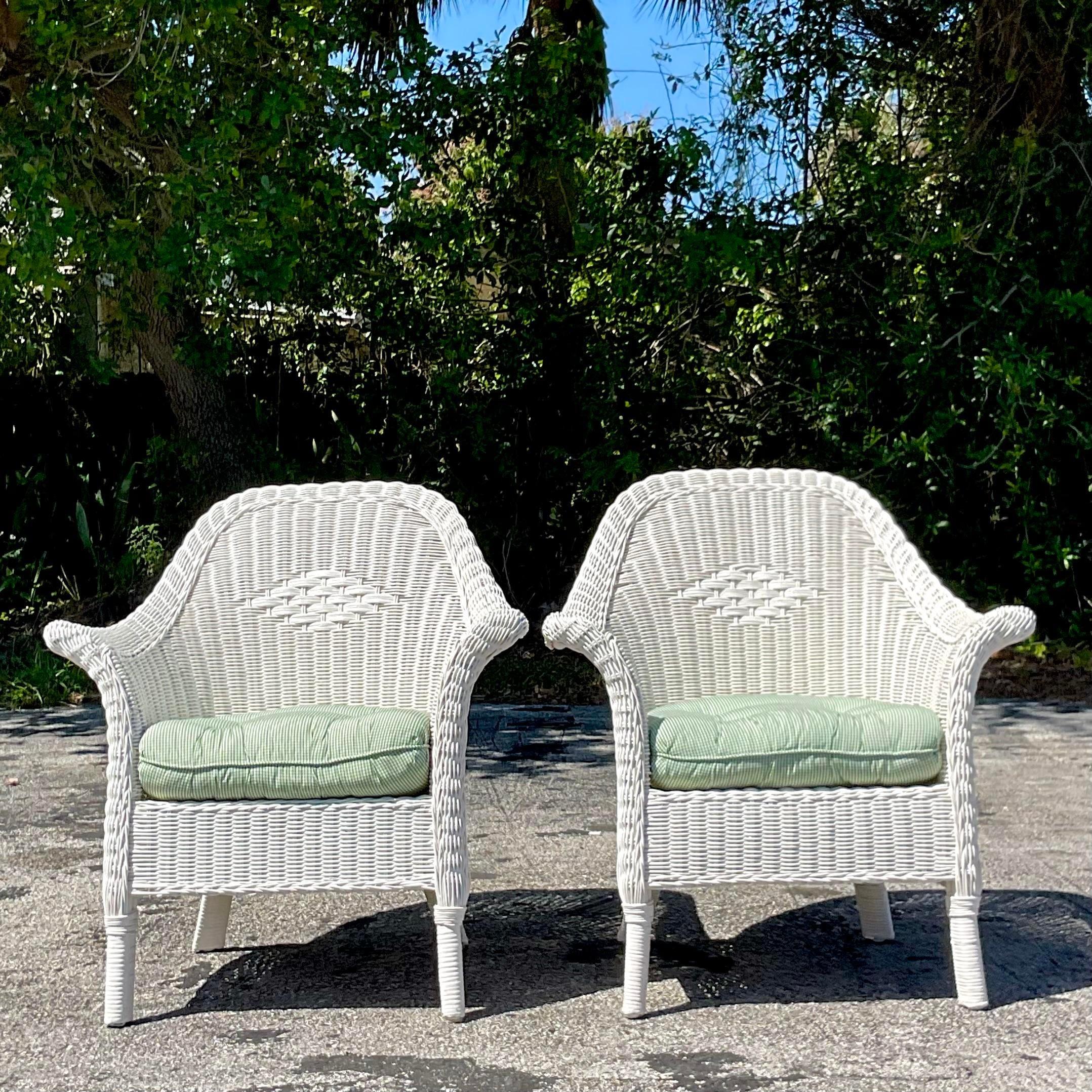 20th Century Vintage Coastal Palecek Diamond Weave Lounge Chairs - a Pair