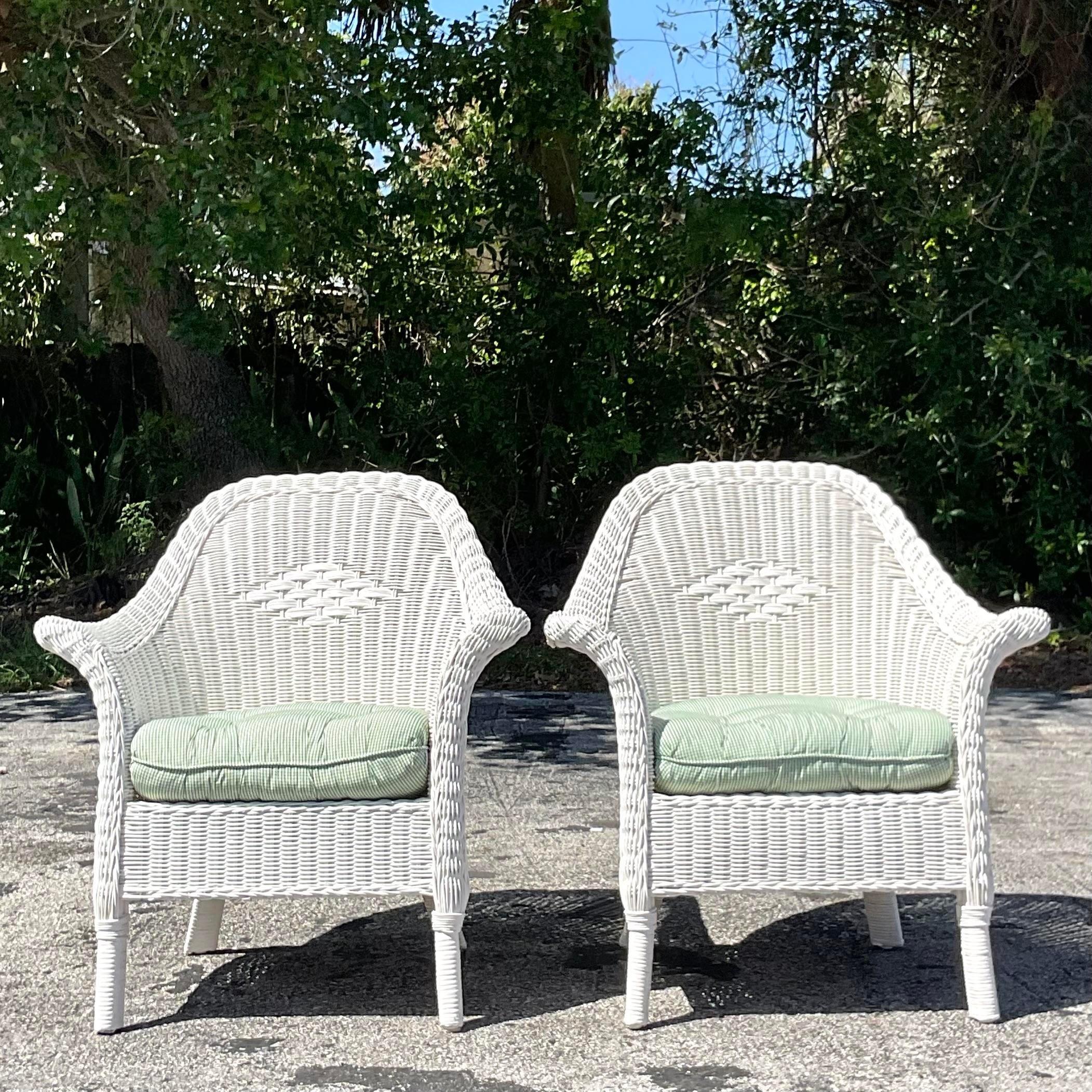 Wicker Vintage Coastal Palecek Diamond Weave Lounge Chairs - a Pair