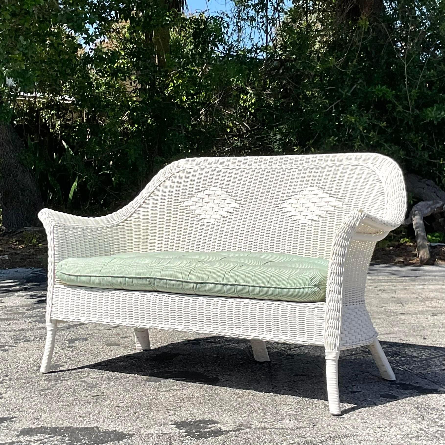 Vintage Coastal Palecek Diamond Weave Rattan Loveseat In Good Condition In West Palm Beach, FL
