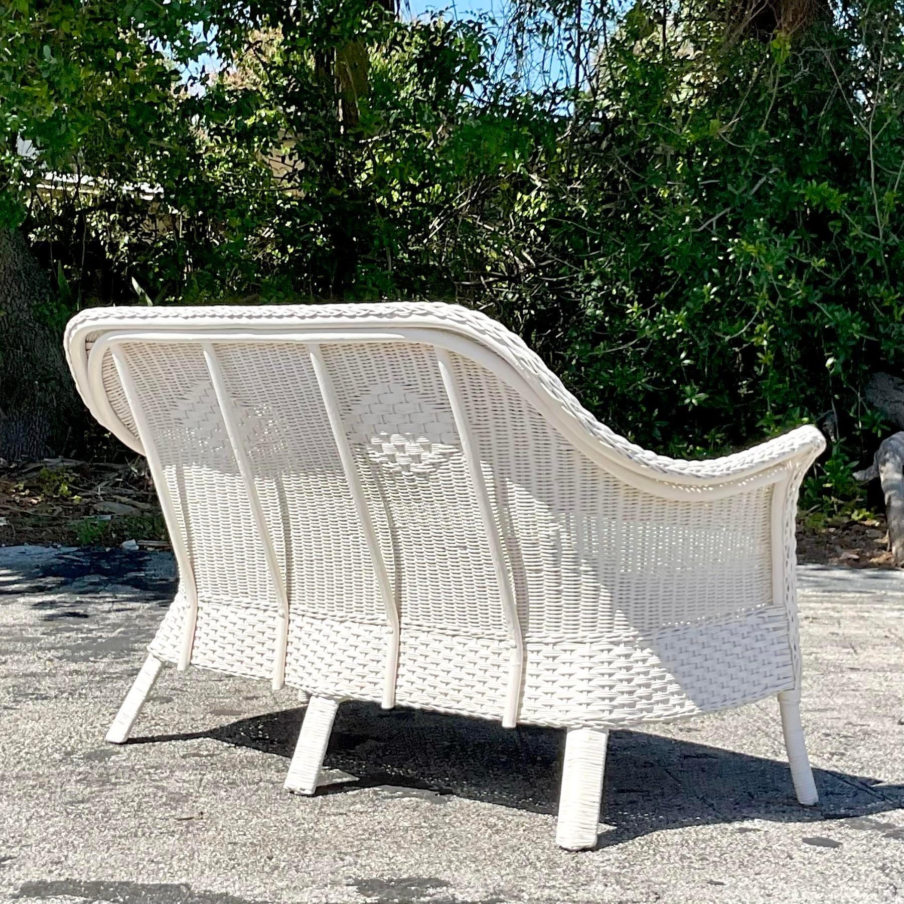 20th Century Vintage Coastal Palecek Diamond Weave Rattan Loveseat