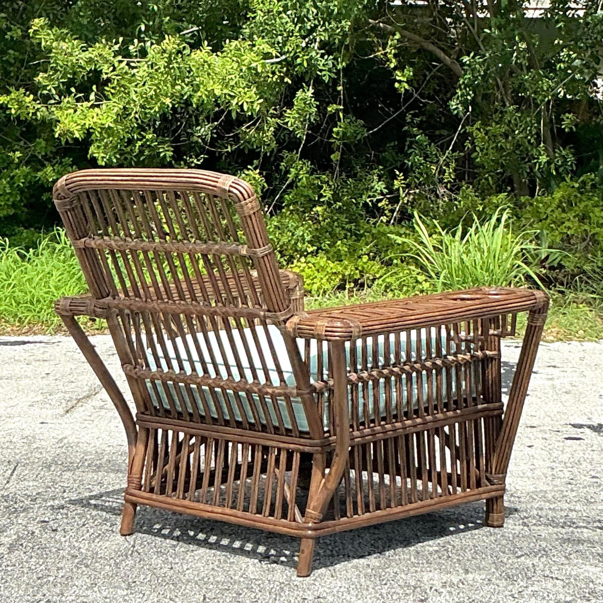 Philippine Vintage Coastal Palecek President’s Stick Rattan Lounge Chair For Sale