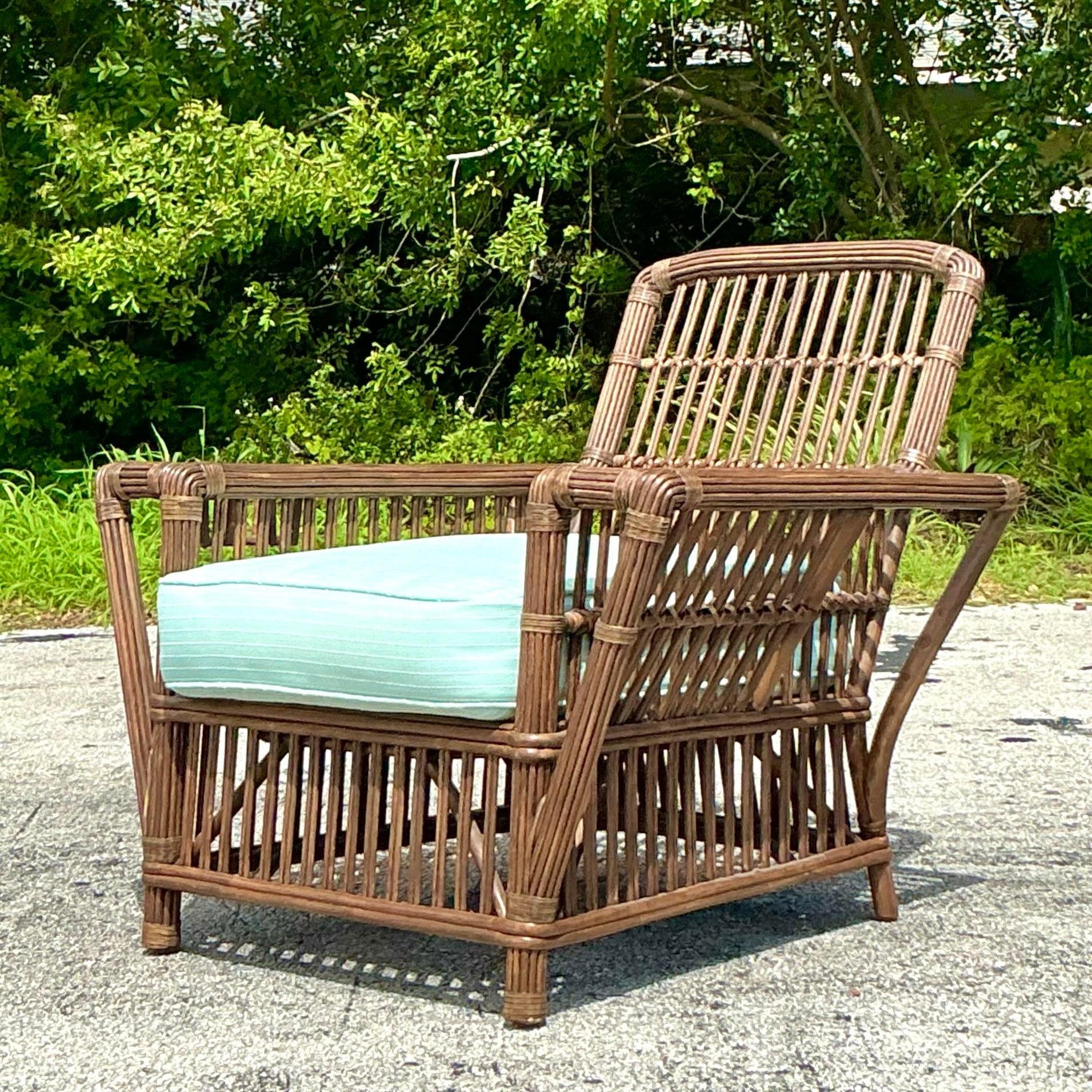 Vintage Coastal Palecek President’s Stick Rattan Lounge Chair In Good Condition For Sale In west palm beach, FL