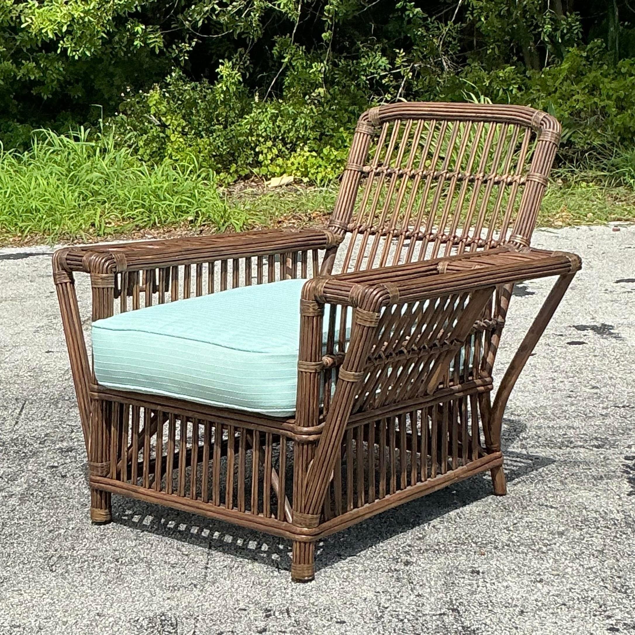20th Century Vintage Coastal Palecek President’s Stick Rattan Lounge Chair For Sale