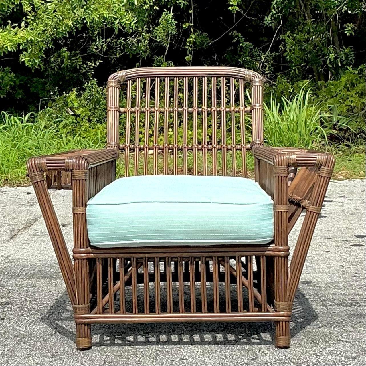 Upholstery Vintage Coastal Palecek President’s Stick Rattan Lounge Chair For Sale