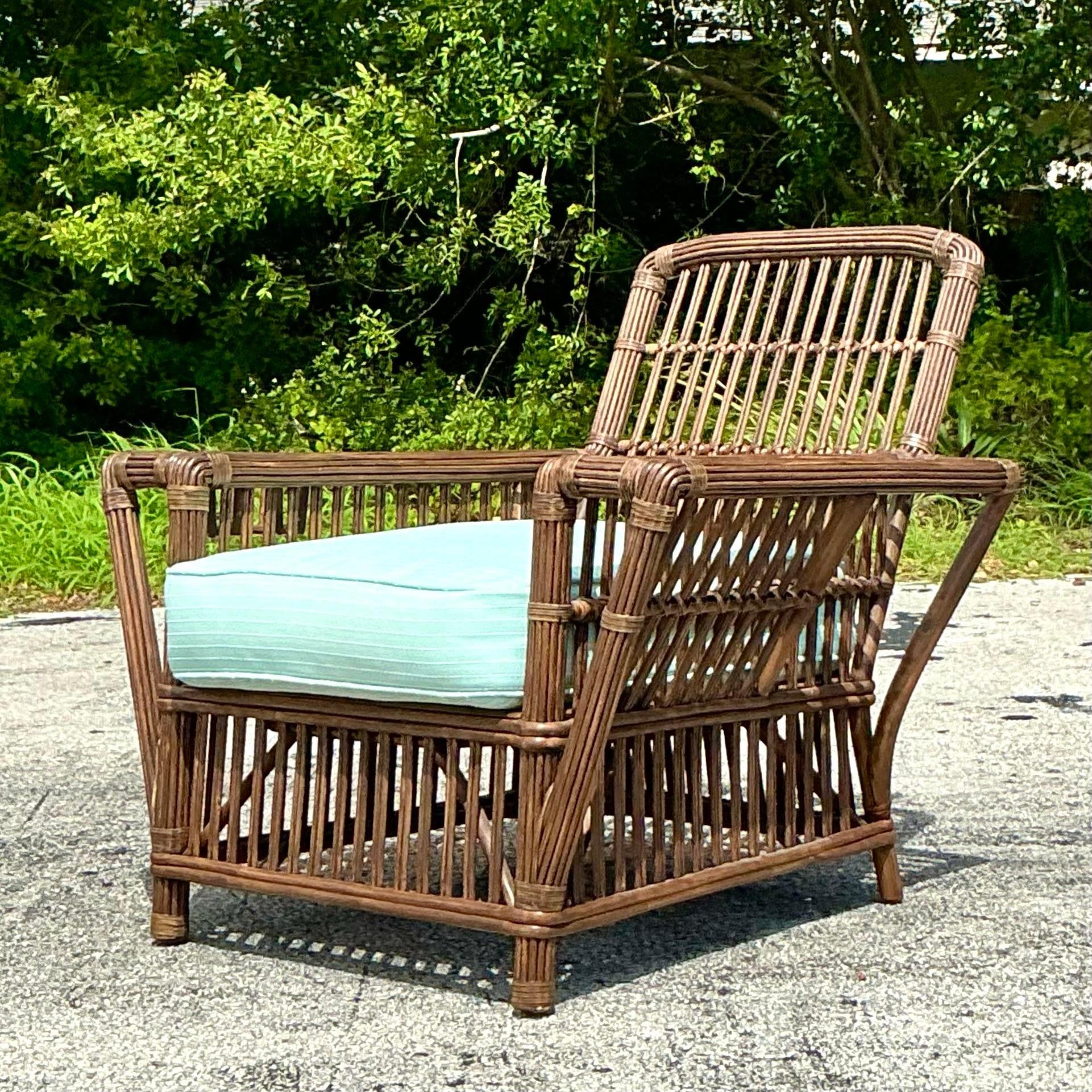 Vintage Coastal Palecek President’s Stick Rattan Lounge Chair For Sale 1