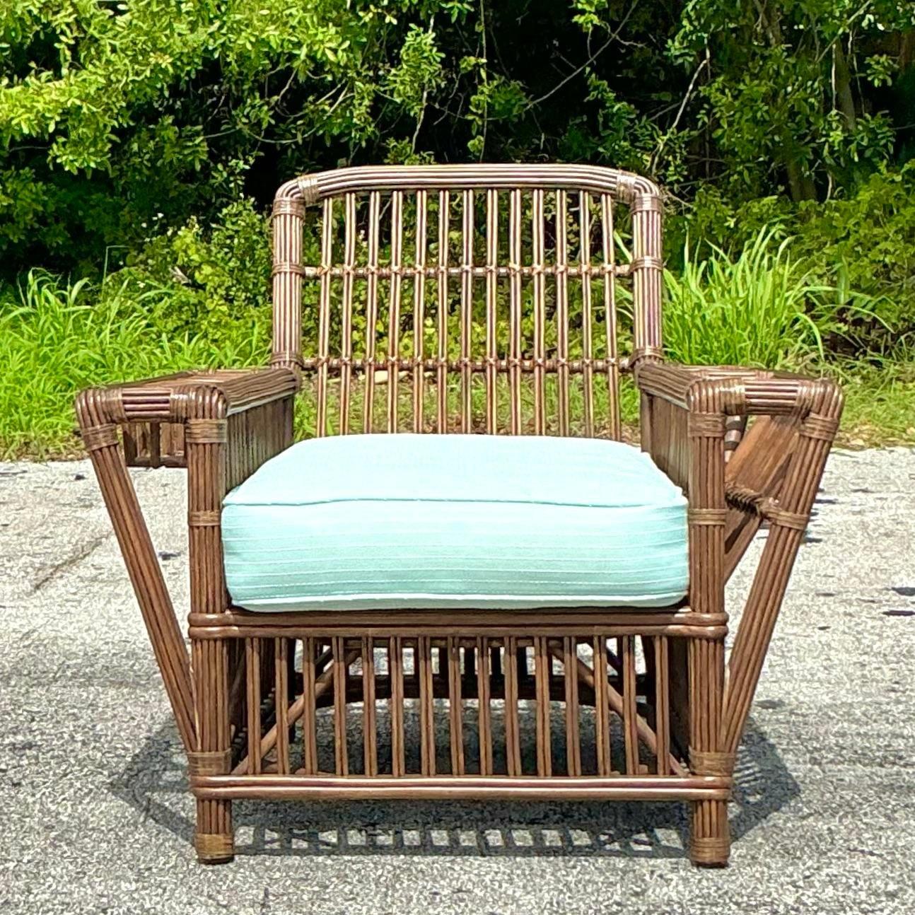 Vintage Coastal Palecek President’s Stick Rattan Lounge Chair For Sale 2