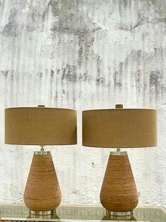 Vintage Coastal Palecek Twisted Raffia Table Lamps, a Pair