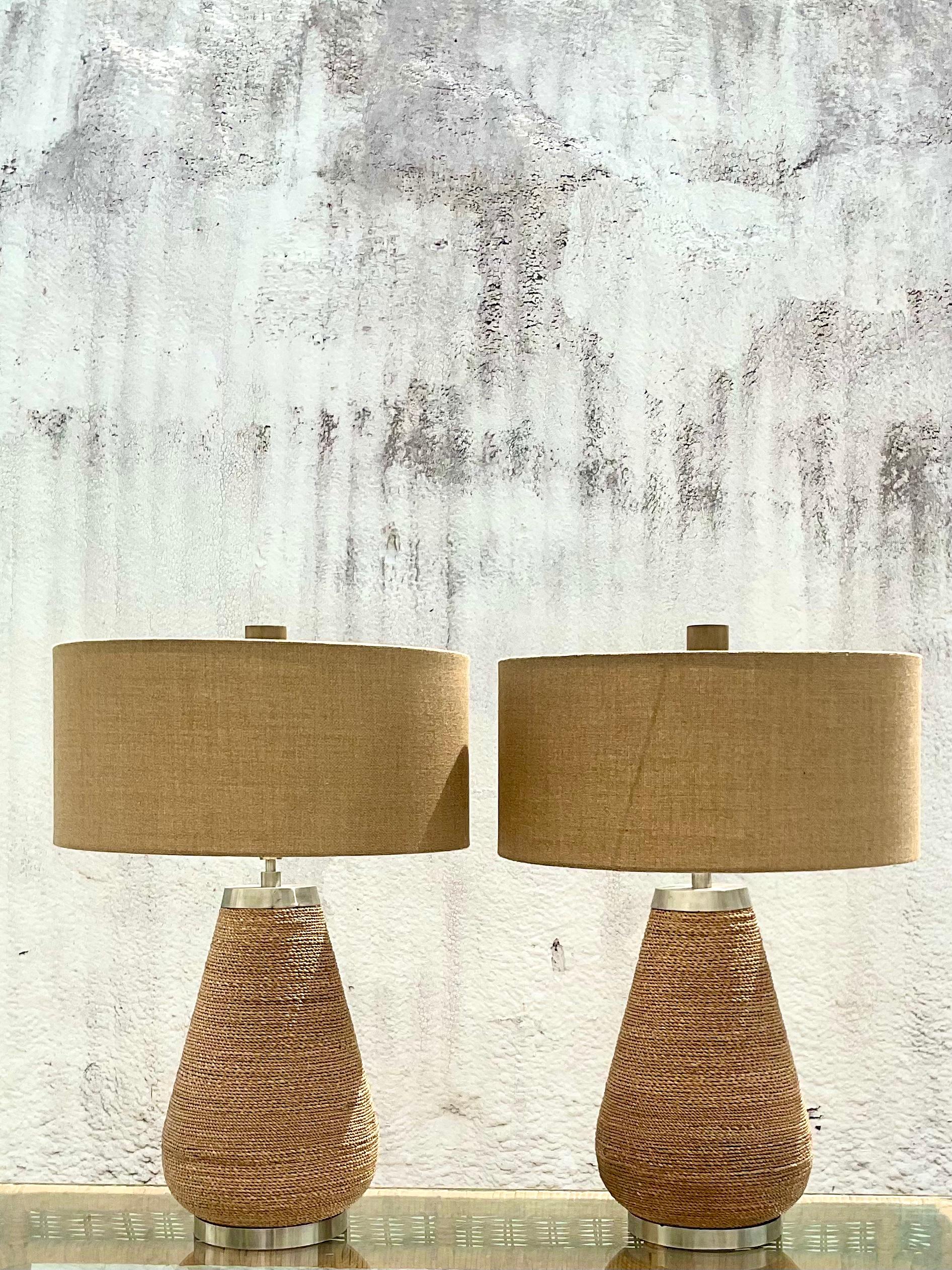 Modern Vintage Coastal Palecek Twisted Raffia Table Lamps, a Pair 