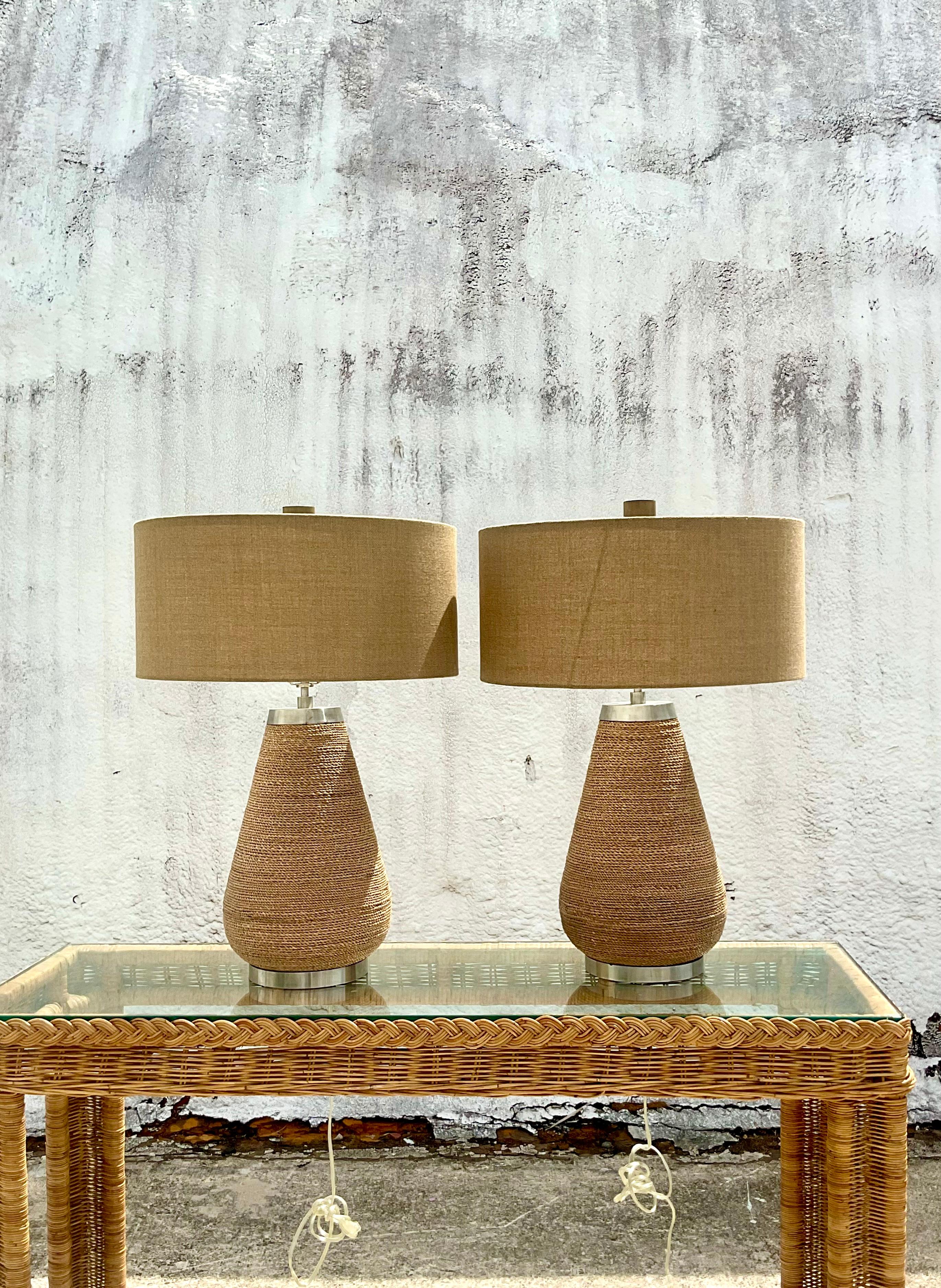 Vintage Coastal Palecek Twisted Raffia Table Lamps, a Pair  In Good Condition In west palm beach, FL