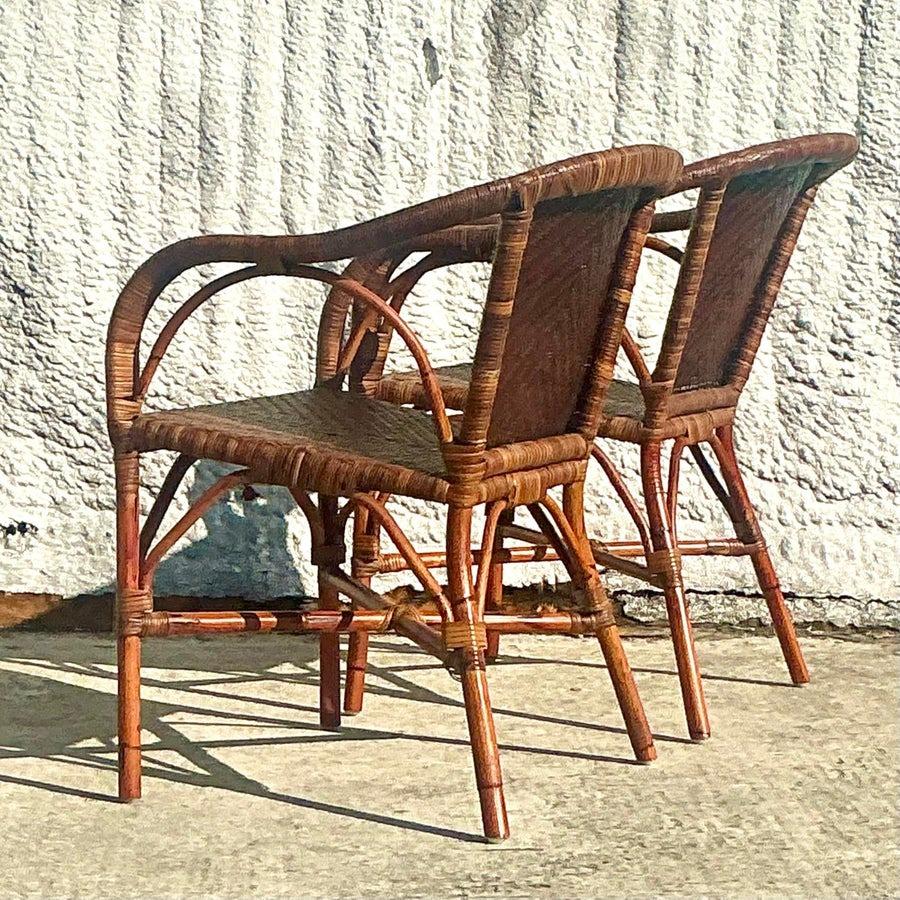 Philippine Vintage Coastal Palecek Woven Rattan Lounge Chairs - a Pair For Sale