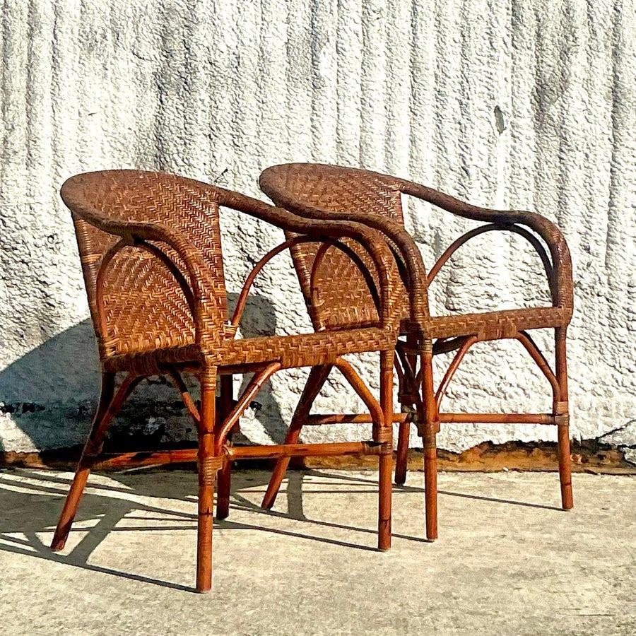20th Century Vintage Coastal Palecek Woven Rattan Lounge Chairs - a Pair For Sale