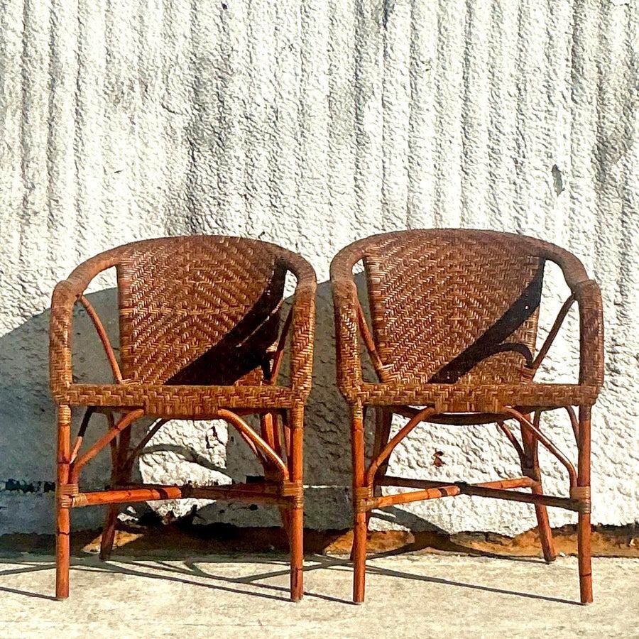 Vintage Coastal Palecek Woven Rattan Lounge Chairs - a Pair For Sale 1