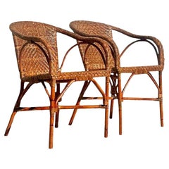 Vintage Coastal Palecek Woven Rattan Lounge Chairs - a Pair