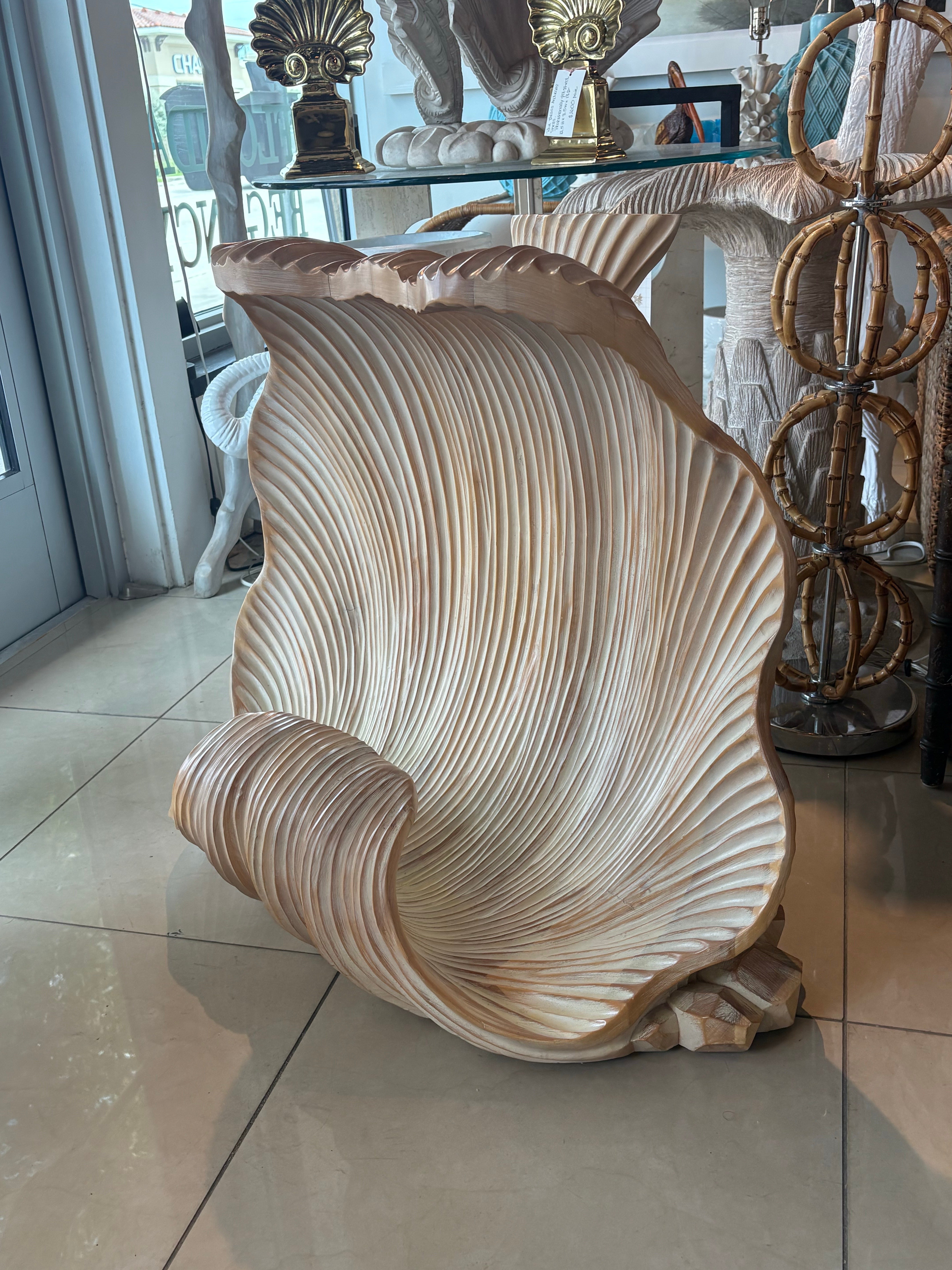Lovely Palm Beach coastal vintage carved wood scalloped ruffle clam shell seashell console table base. You can add your piece of glass, stone, or marble table top to this base. It could be rectangular, demi lune, etc. Dimensions: 28.25 H x 18 D x 35