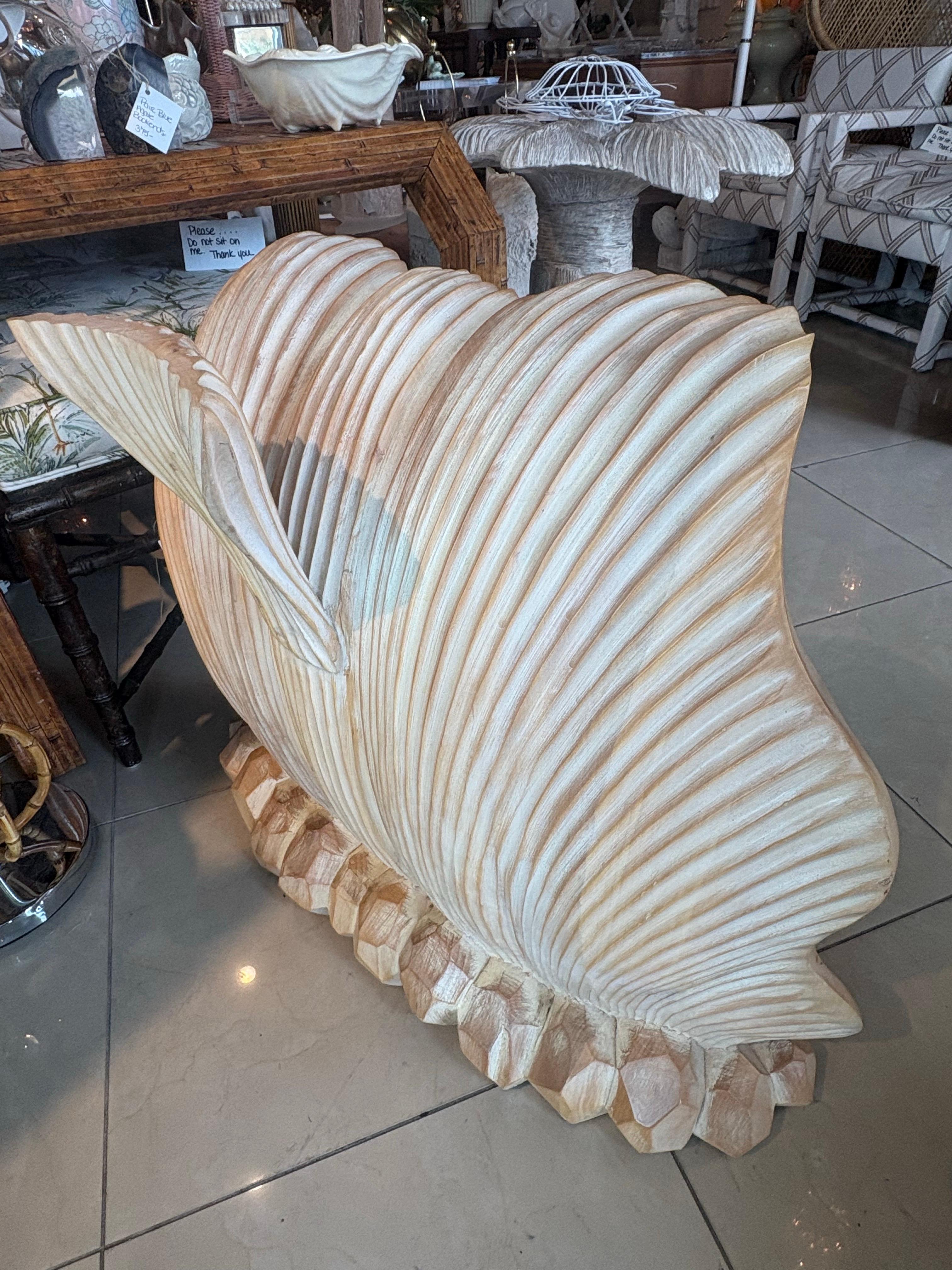 Hollywood Regency Vintage Coastal Palm Beach Carved Wood Scalloped Clam Shell Console Table Base For Sale