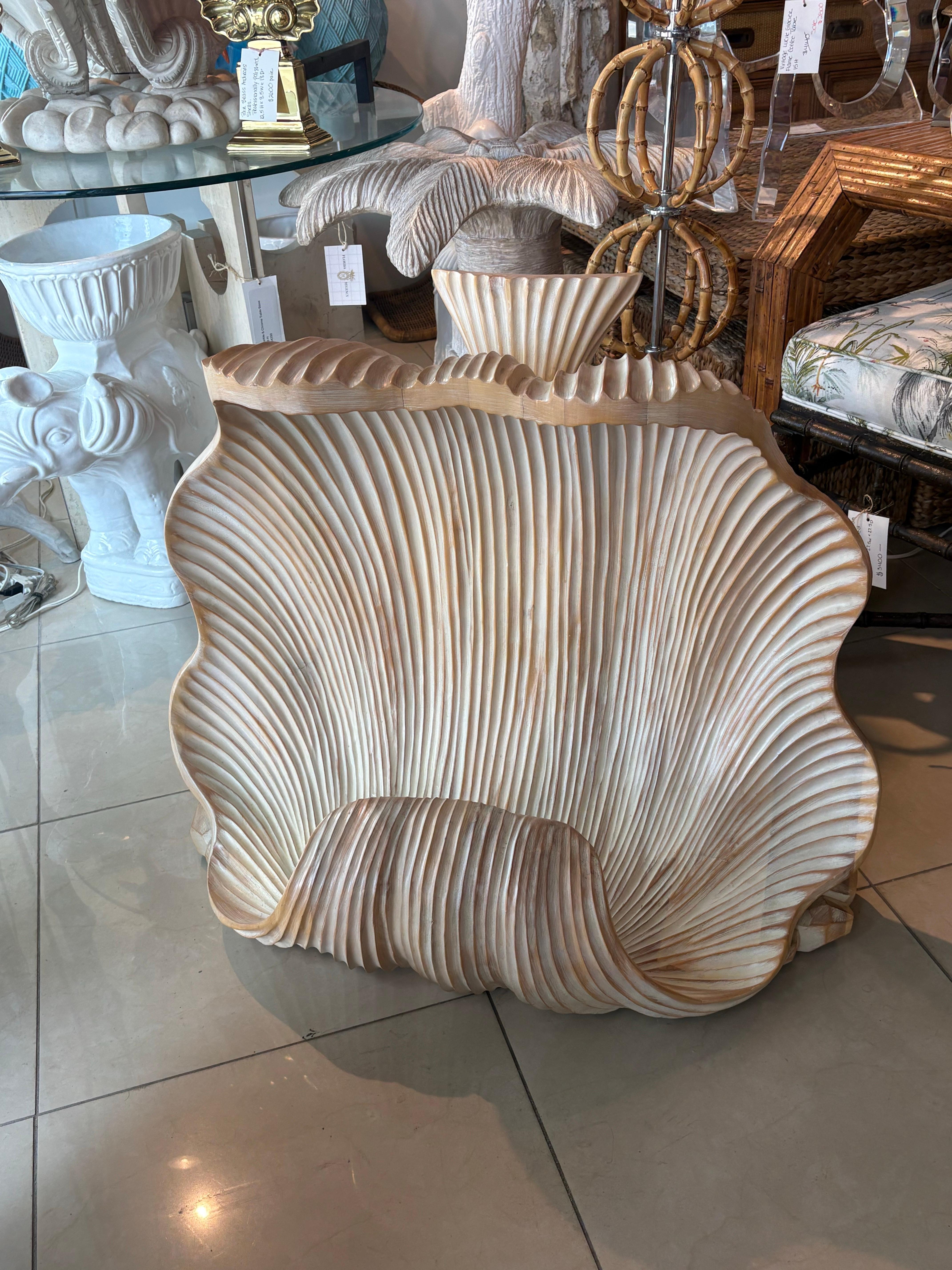 Vintage Coastal Palm Beach Carved Wood Scalloped Clam Shell Console Table Base For Sale 1
