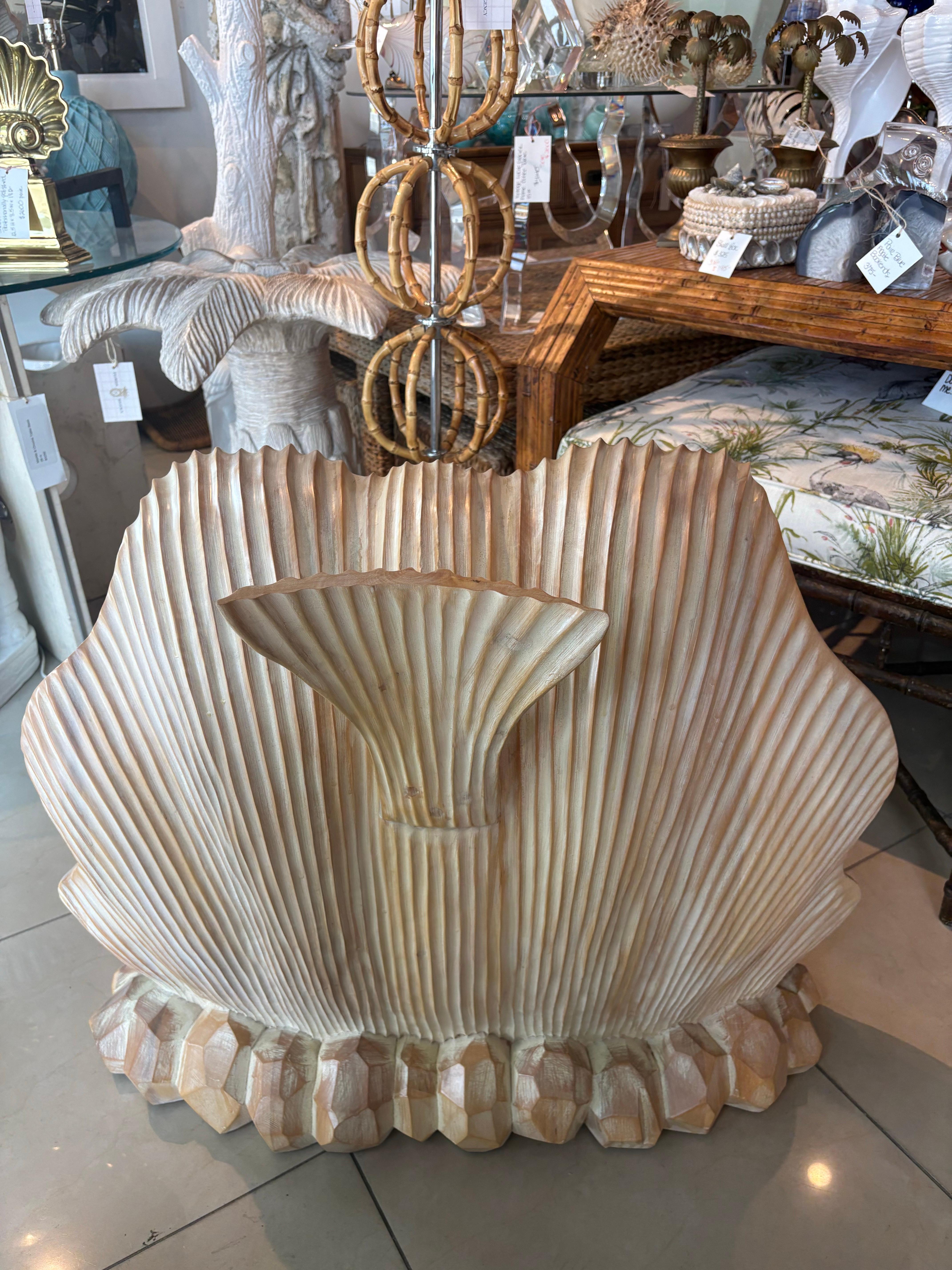 Vintage Coastal Palm Beach Carved Wood Scalloped Clam Shell Console Table Base For Sale 2