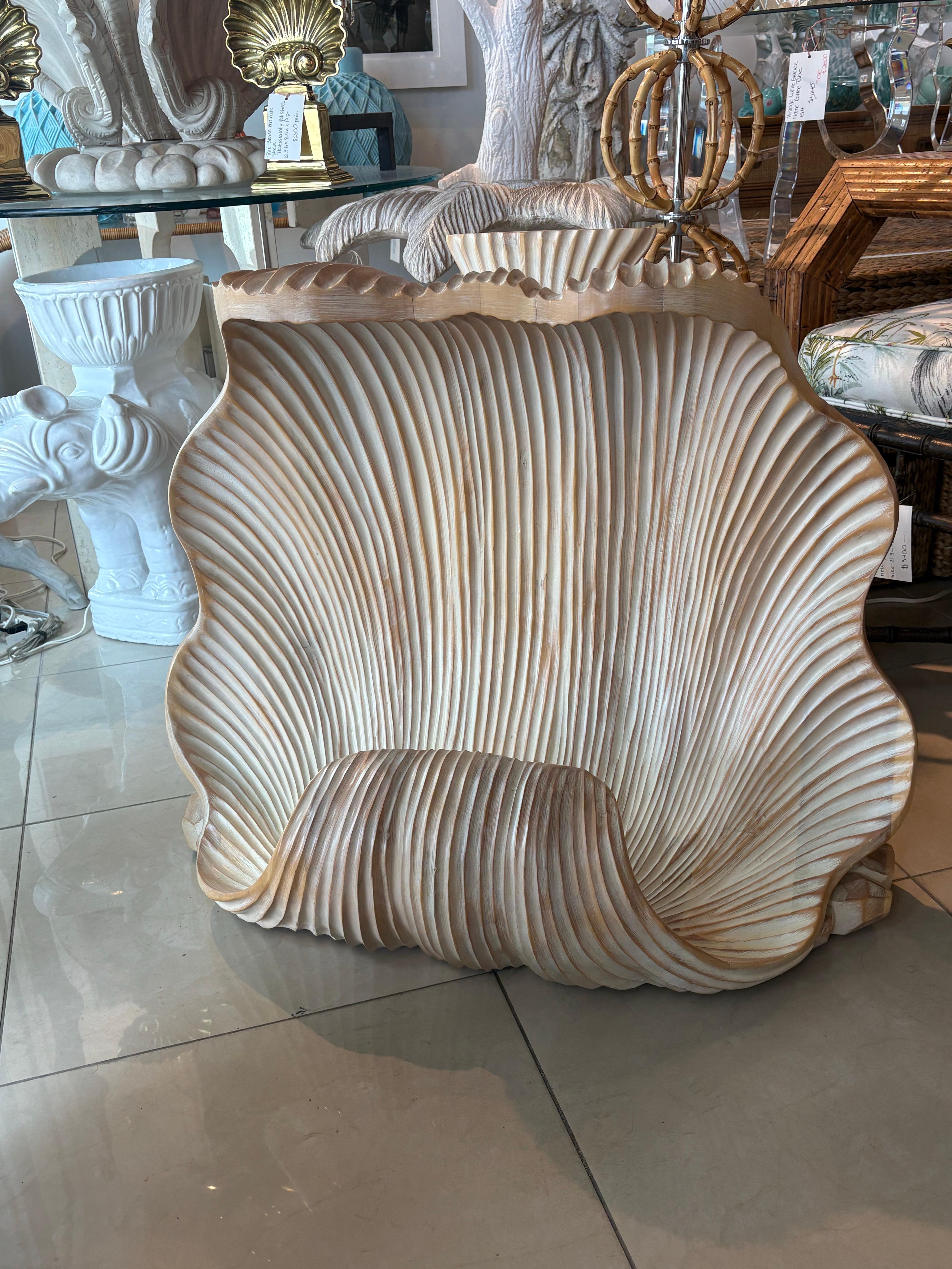 Vintage Coastal Palm Beach Carved Wood Scalloped Clam Shell Console Table Base For Sale 3