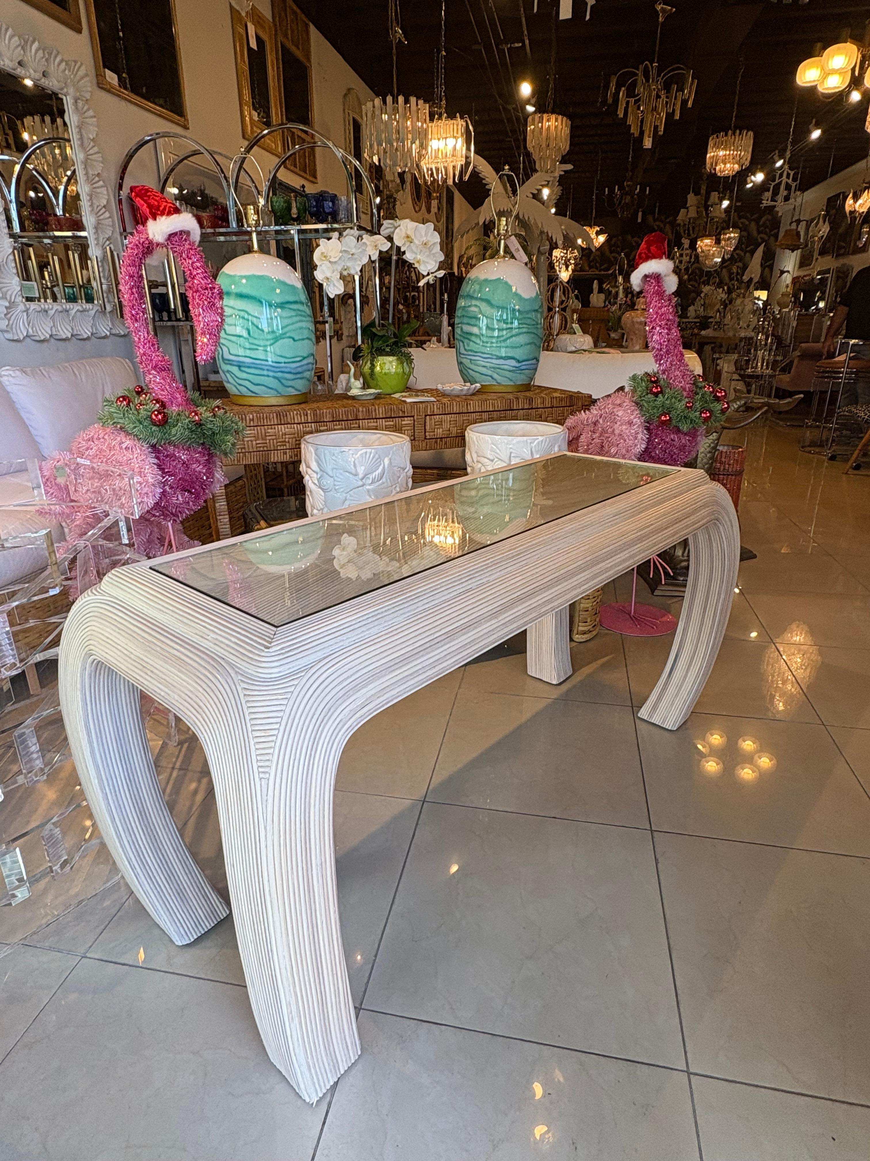 Vintage Coastal Palm Beach Pencil Reed Rattan Ming Console Table New Glass Top For Sale 4