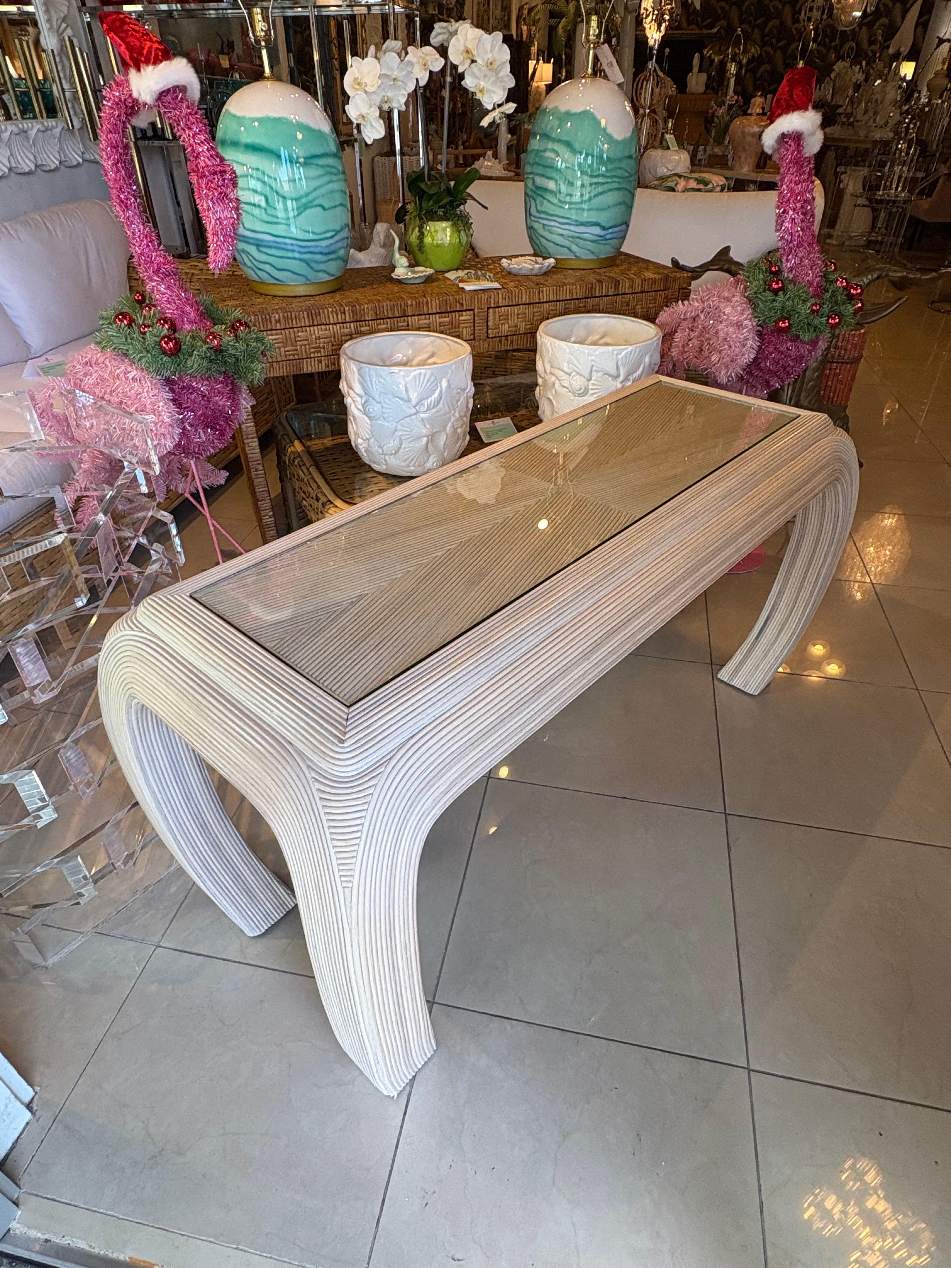 Vintage Coastal Palm Beach Pencil Reed Rattan Ming Console Table New Glass Top For Sale 5