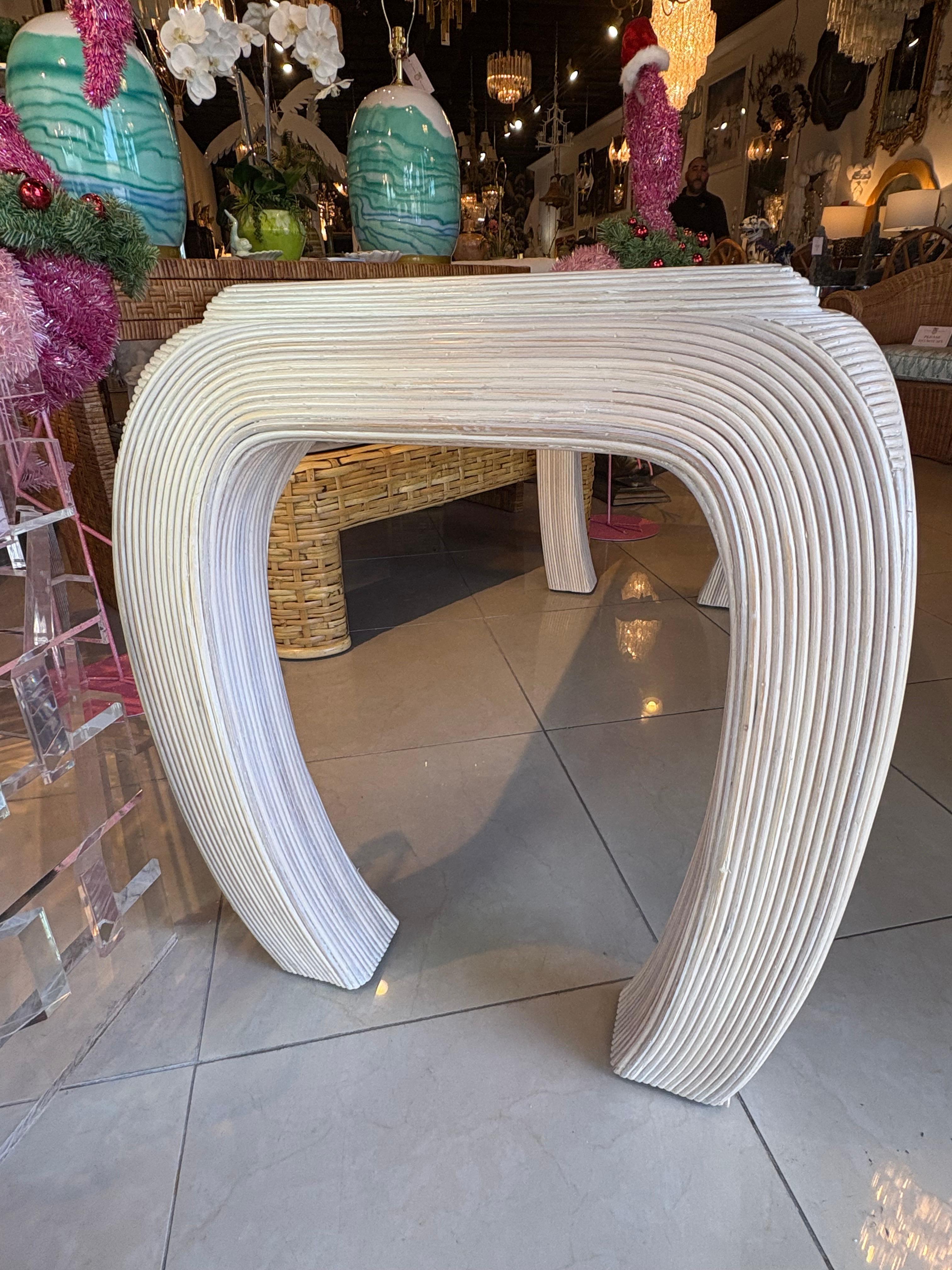 Vintage Coastal Palm Beach Pencil Reed Rattan Ming Console Table New Glass Top For Sale 6