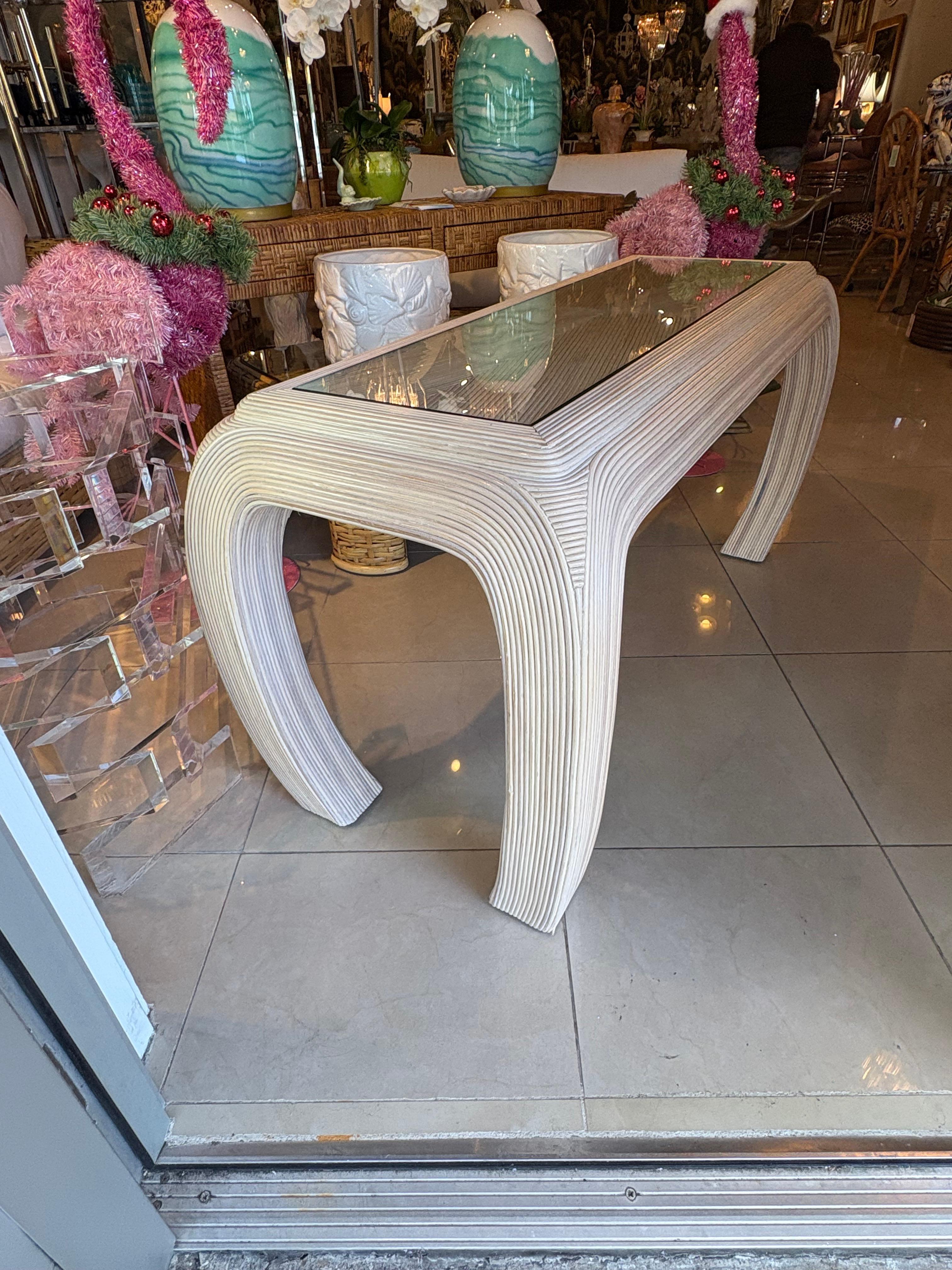 Vintage Coastal Palm Beach Pencil Reed Rattan Ming Console Table New Glass Top For Sale 7
