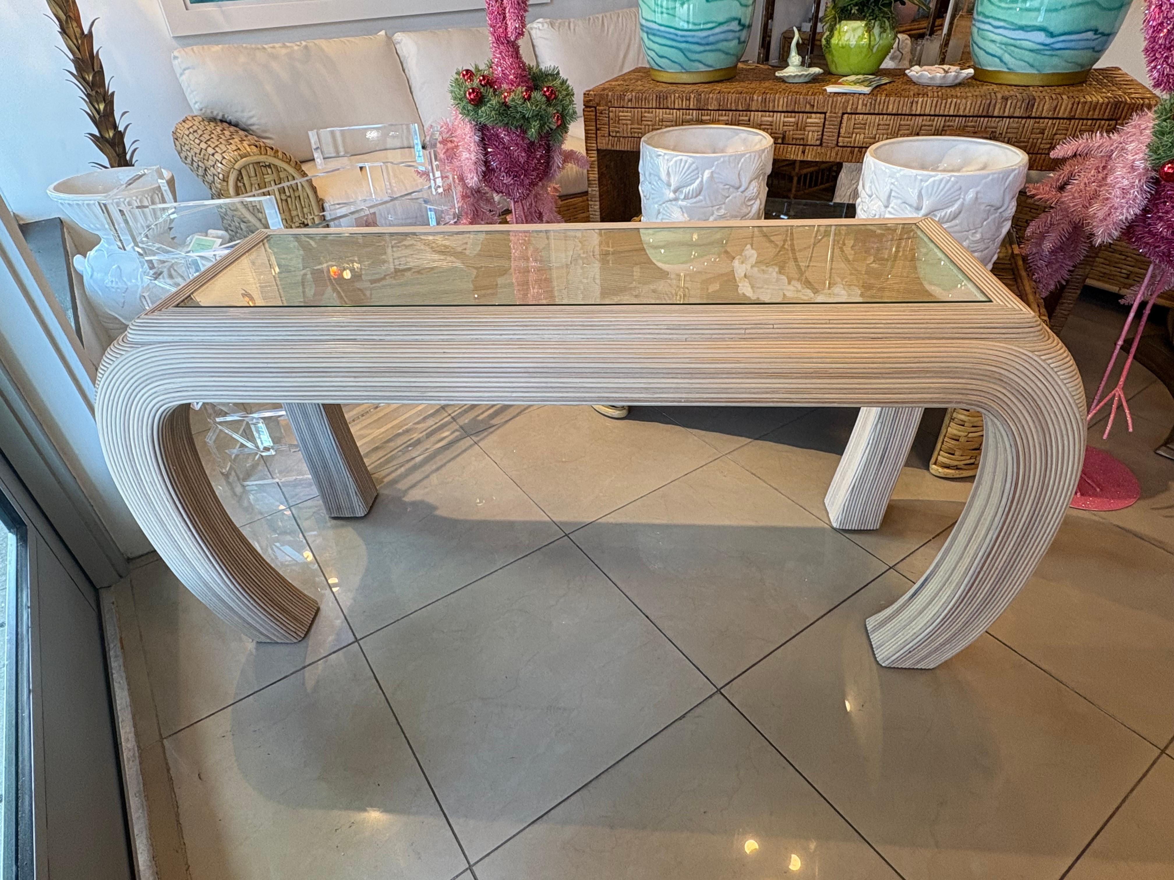 Vintage Coastal Palm Beach Pencil Reed Rattan Ming Console Table New Glass Top For Sale 8