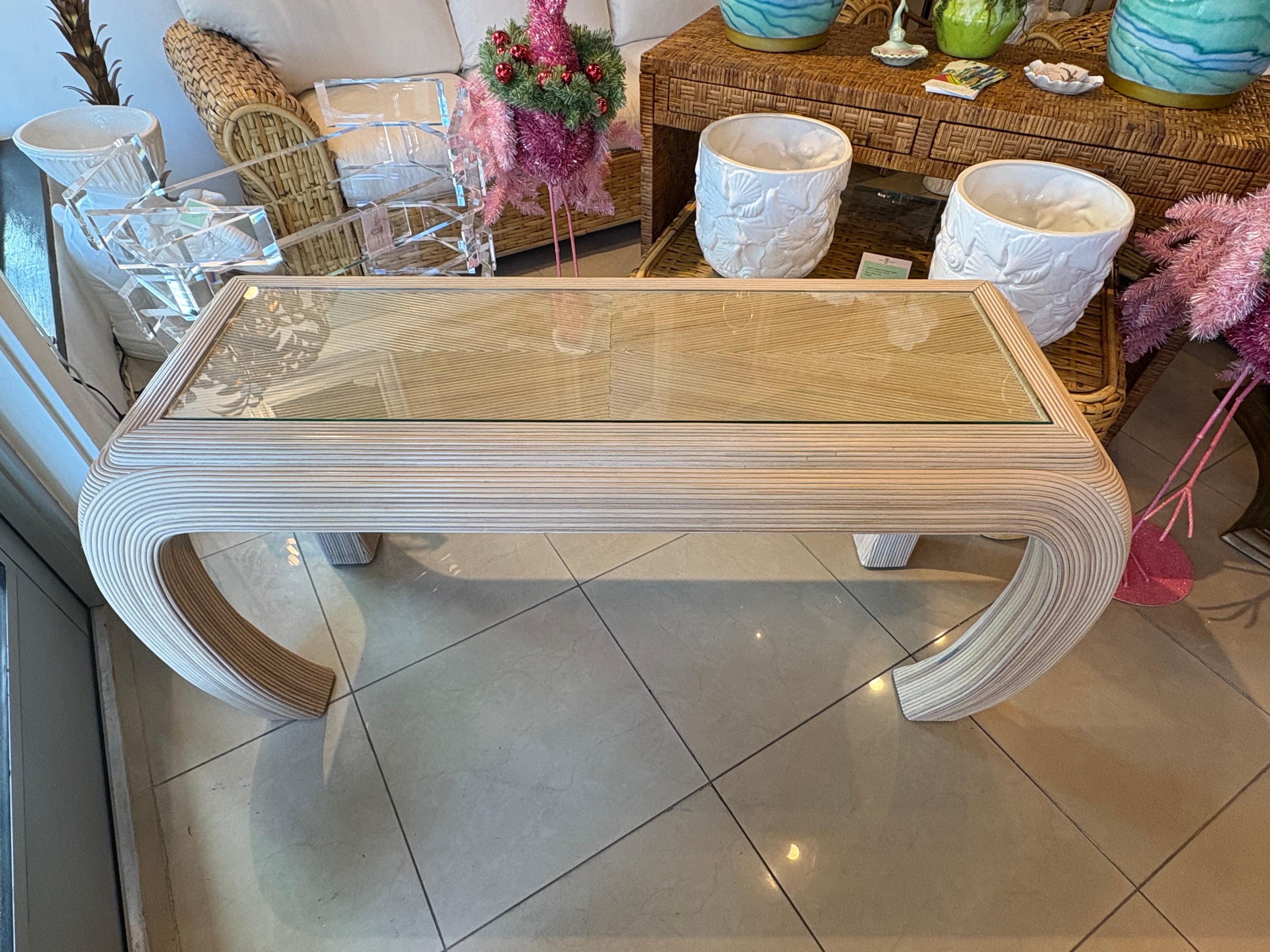 Vintage Coastal Palm Beach Pencil Reed Rattan Ming Console Table New Glass Top For Sale 9